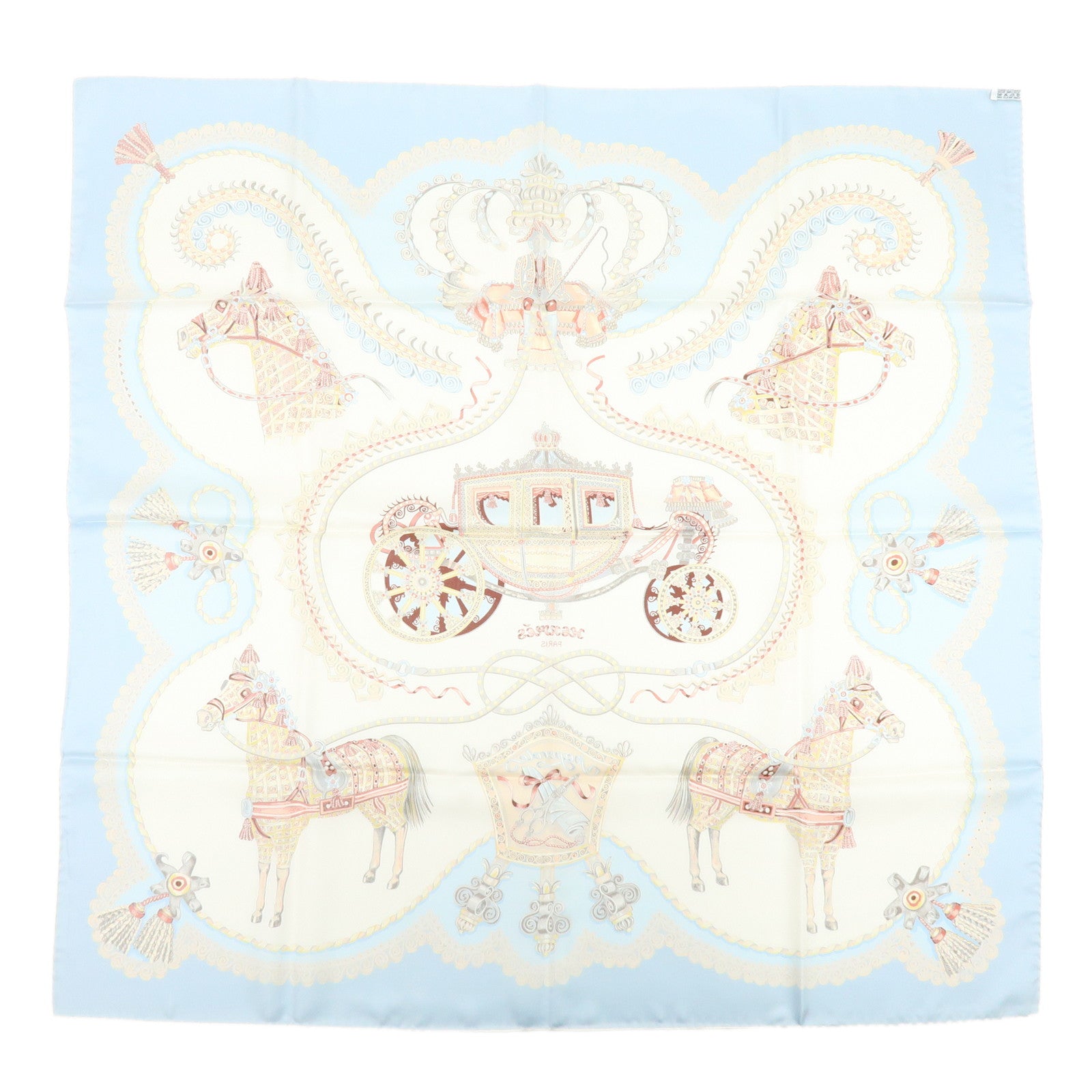 HERMES Carre 90 Silk 100% Scarf PAPEROLLES Light Blue Ivory