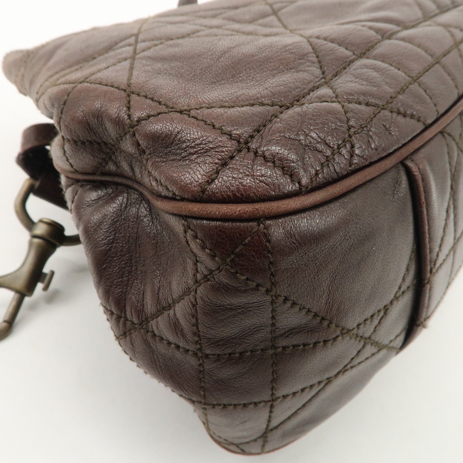 Christian Dior Canage Leather Shoulder Bag Dark Brown Gold Hardware Used