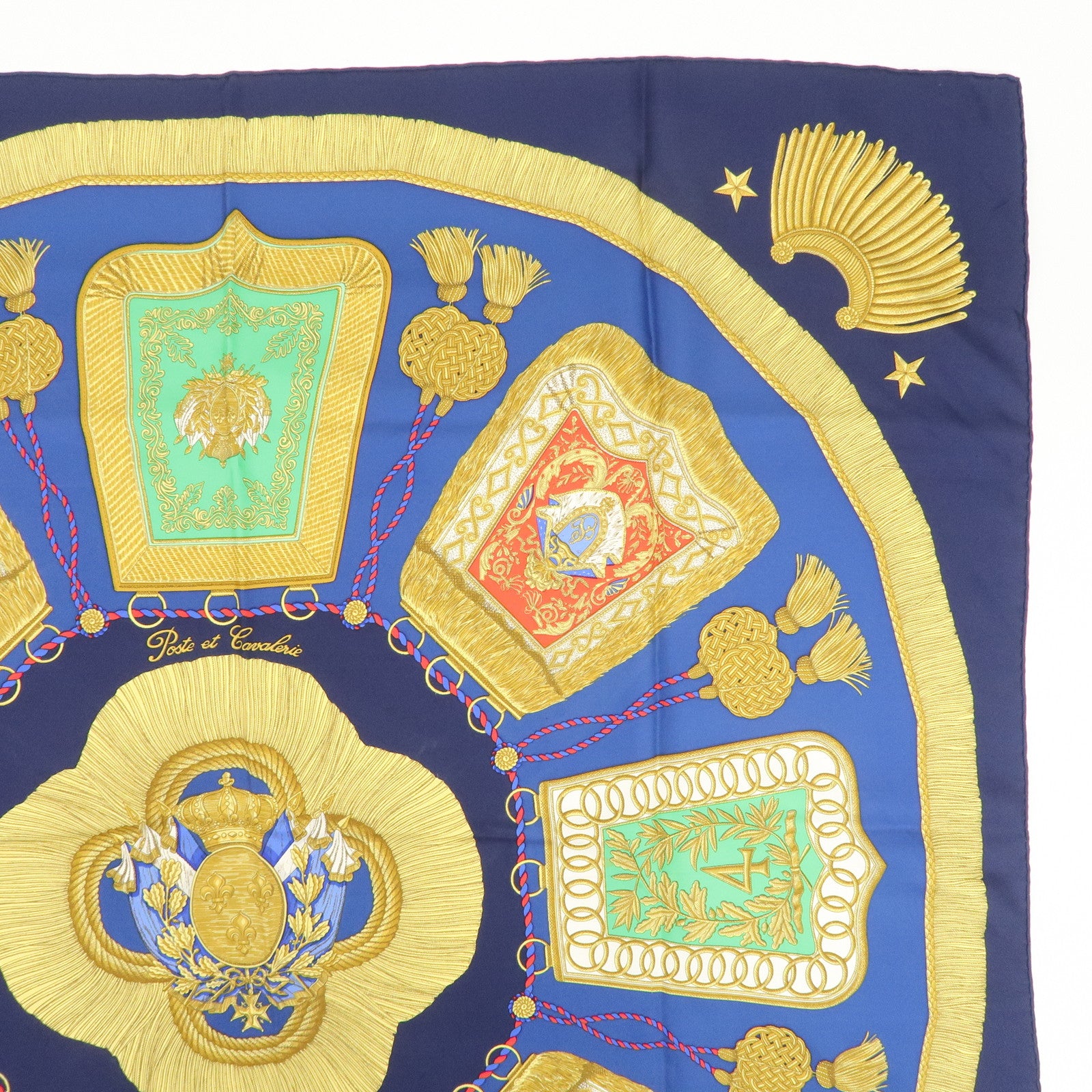 HHERMES Carre 90 Silk 100% Scarf Poste et Cavalerie Navy Gold