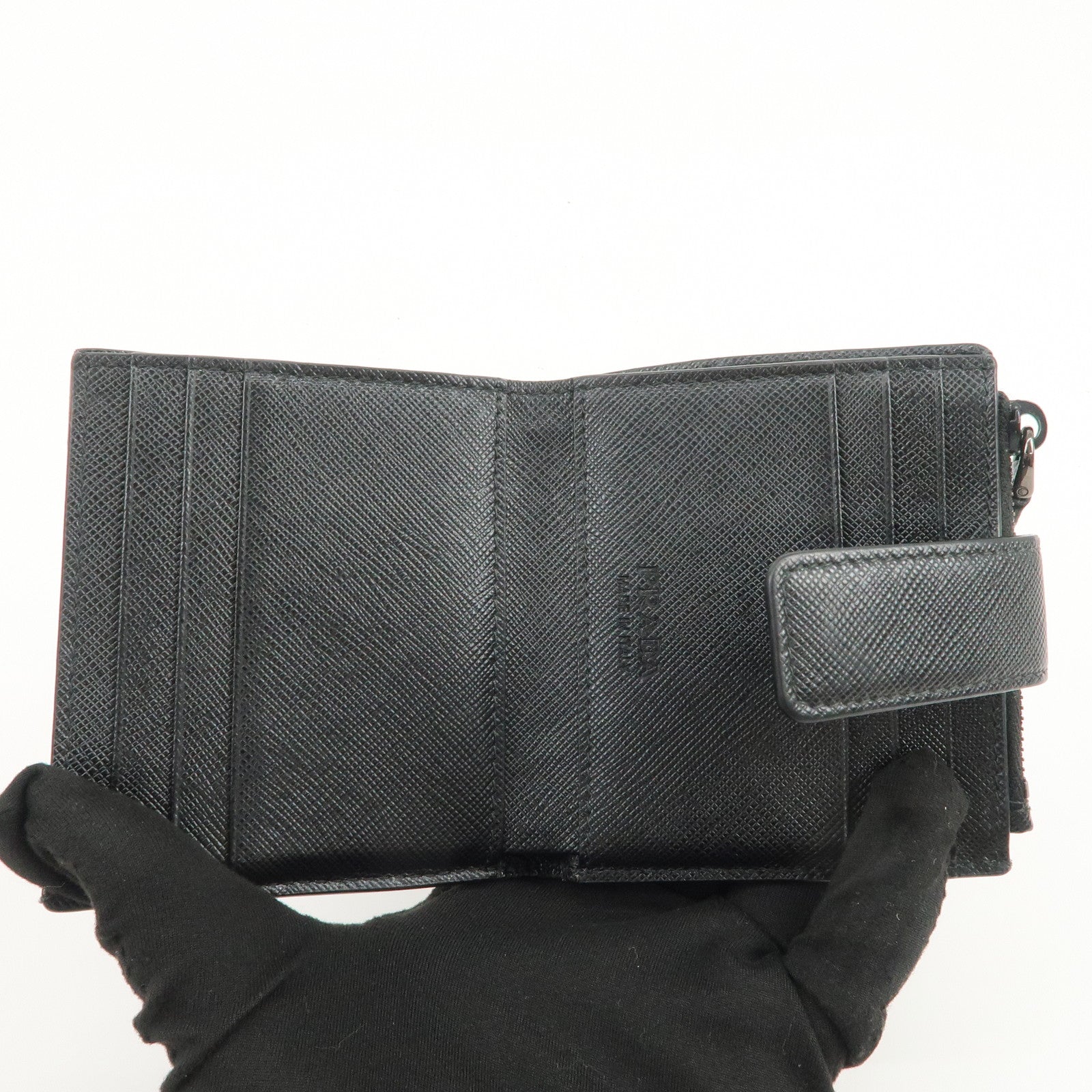 PRADA Logo Saffiano Leather Compact Wallet Black 2MC066
