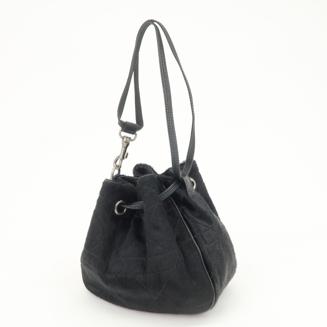 Christian Dior Unborn Carf Leather Drawstring Hand Bag Black Silver