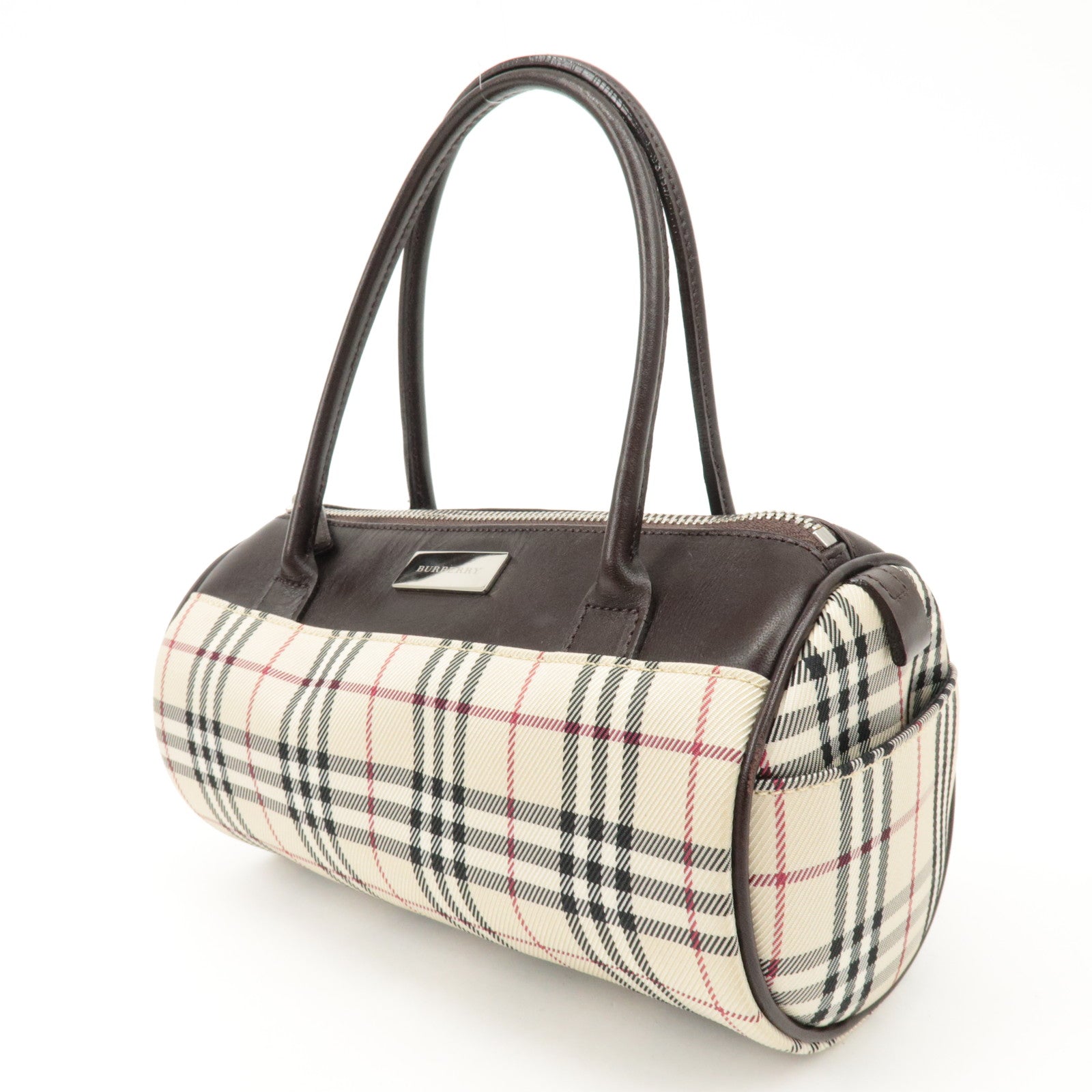 BURBERRY Leather Canvas Hand Bag Nova Plaid Beige Brown Used