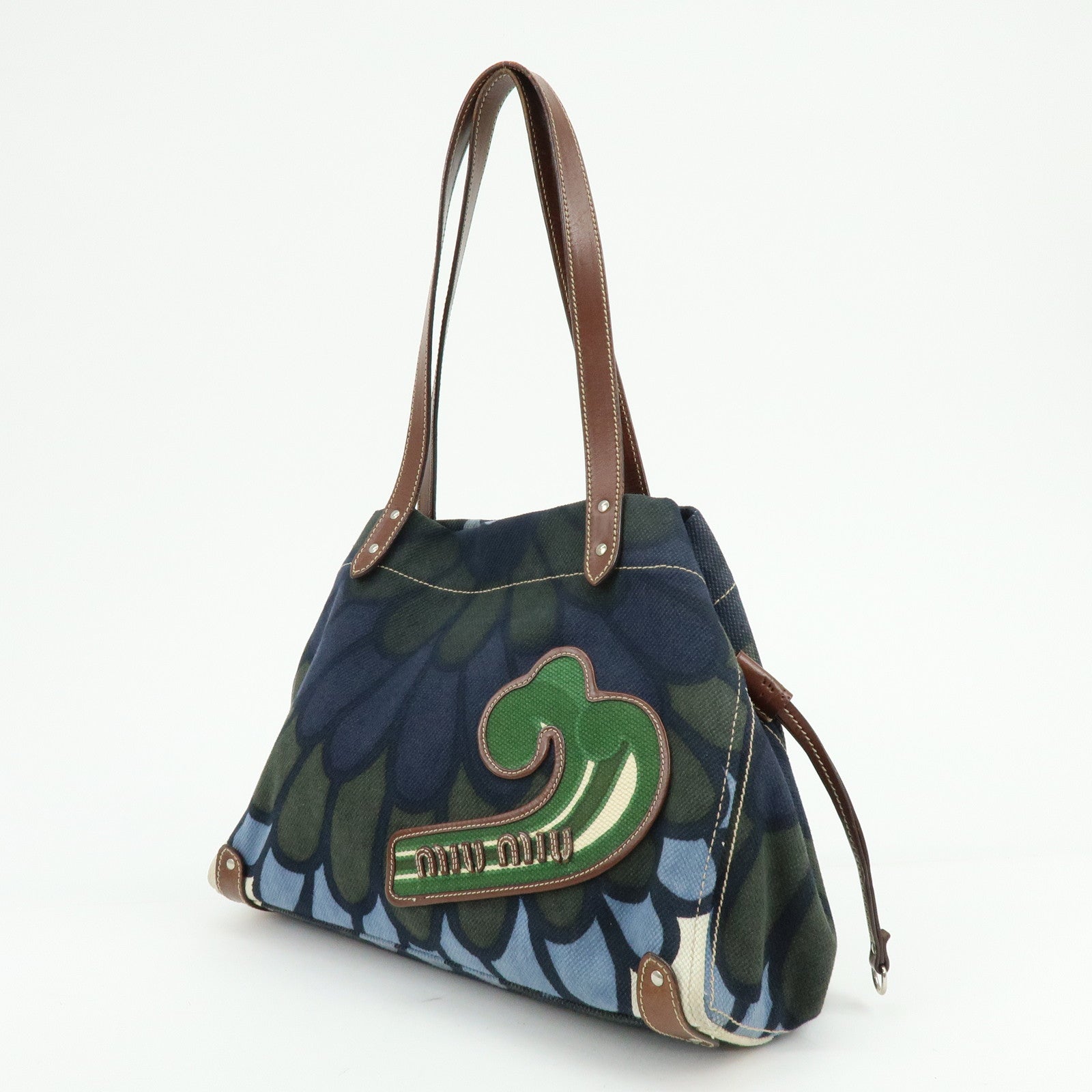 MIU MIU Canvas Leather Tote Bag Shoulder Bag Flower Motif Navy