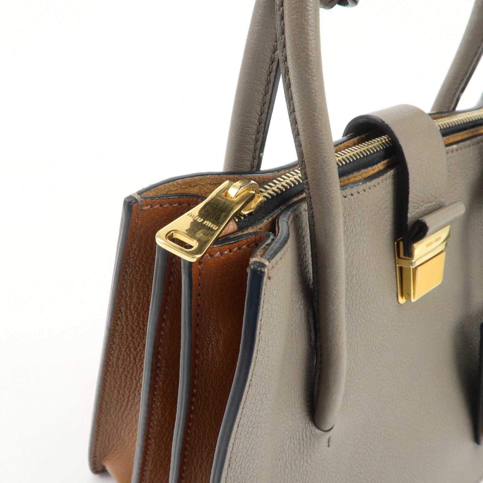 MIU MIU Logo Leather 2Way Bag Hand Bag Shoulder Bag Gray RN1104