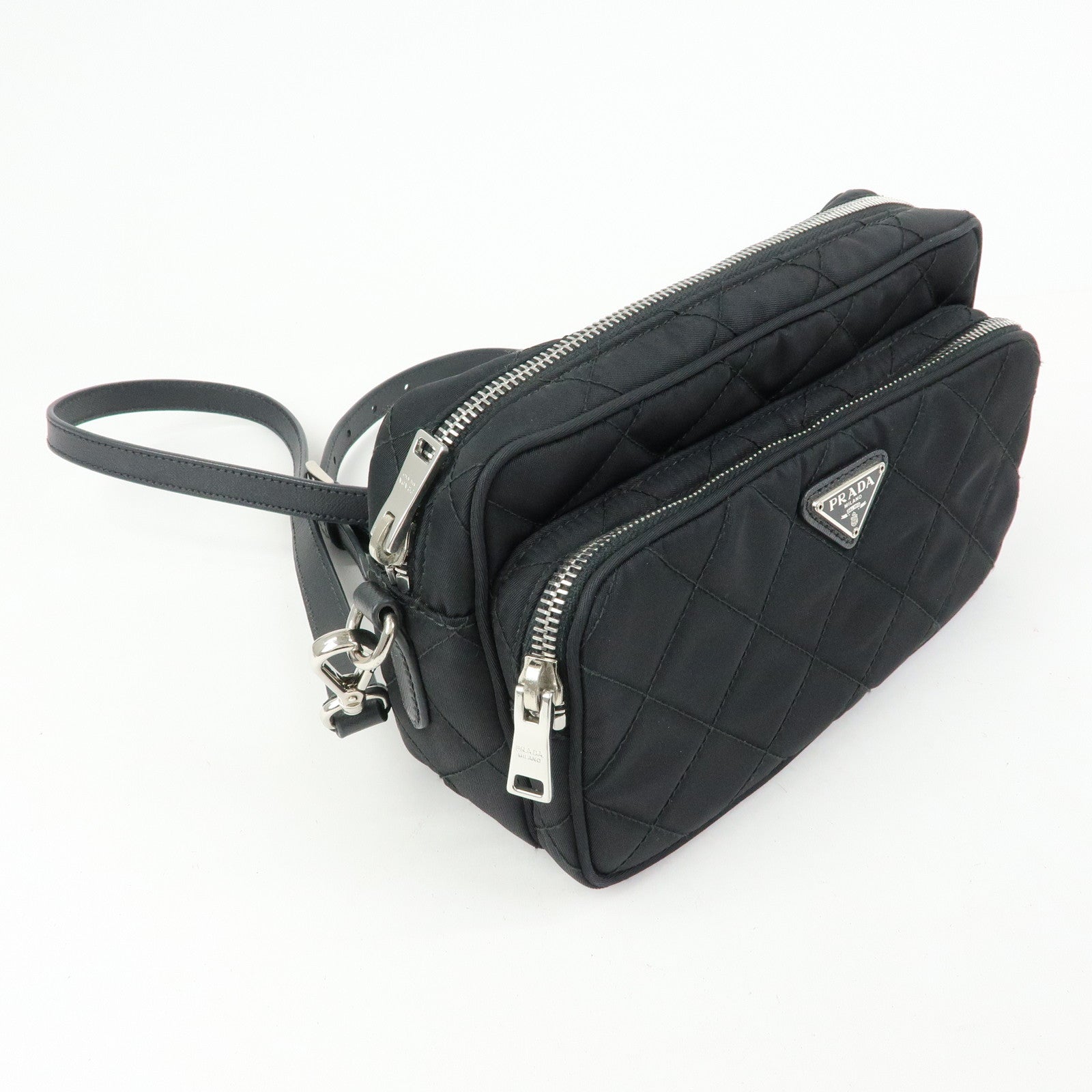 PRADA Triangle Logo Nylon Leather Quilt Shoulder Bag Black BT1027