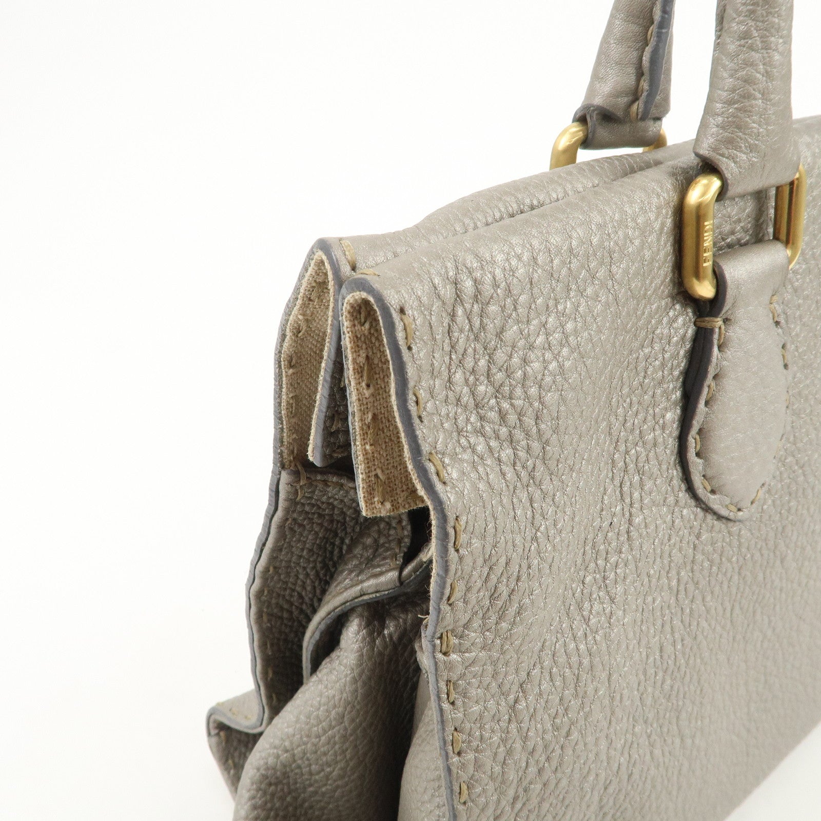 FENDI Seleria Leather Hand Bag Shoulder Bag Metallic Gray 8BN218