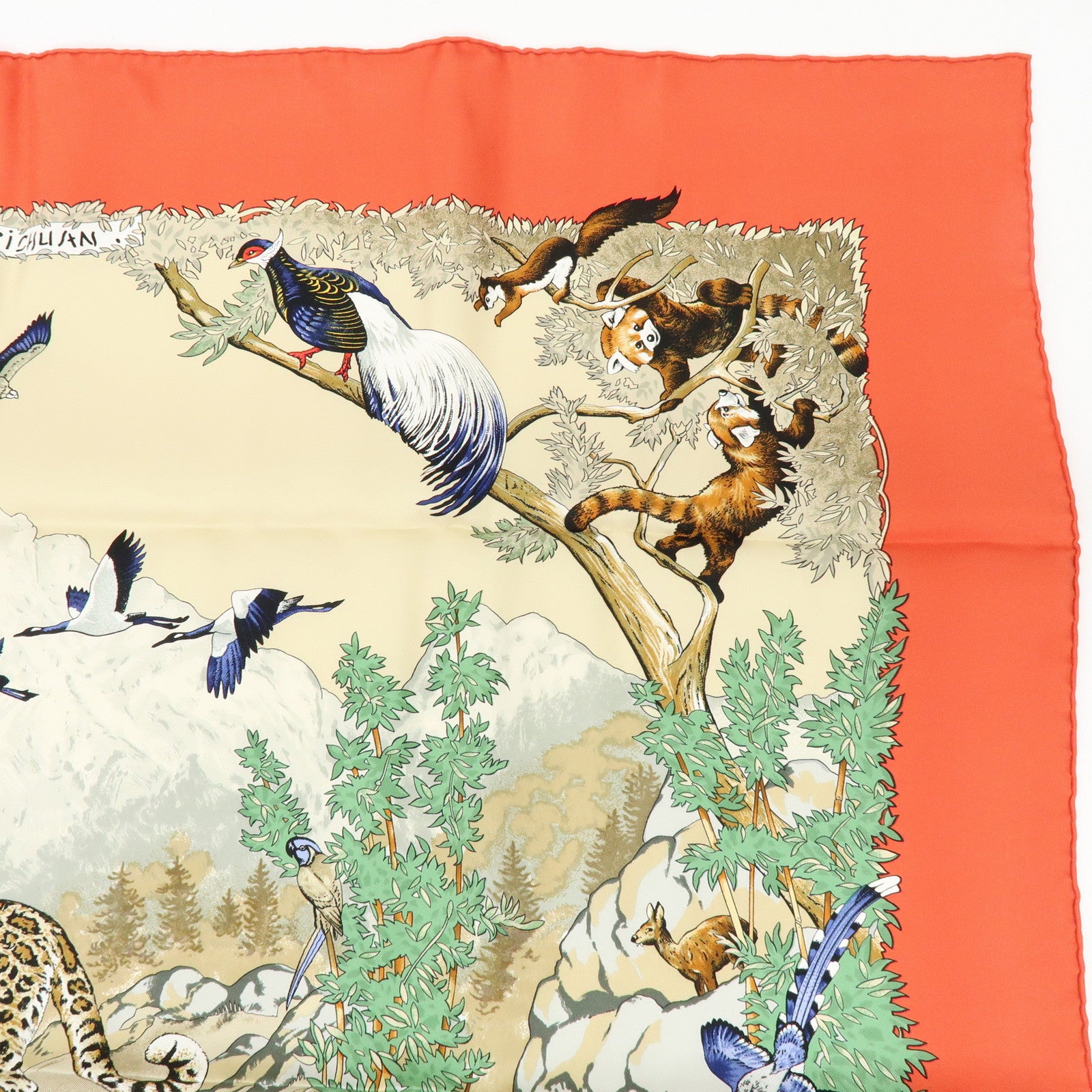 HERMES Carre 90 Silk 100% Scarf Sichuan Province Orange Beige