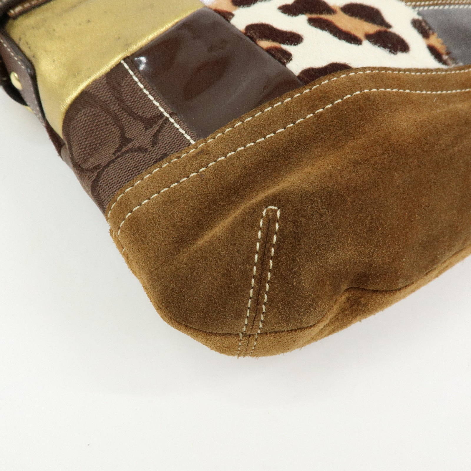 COACH Signature Suede Patent Leather Shoulder Bag Brown Patchwork