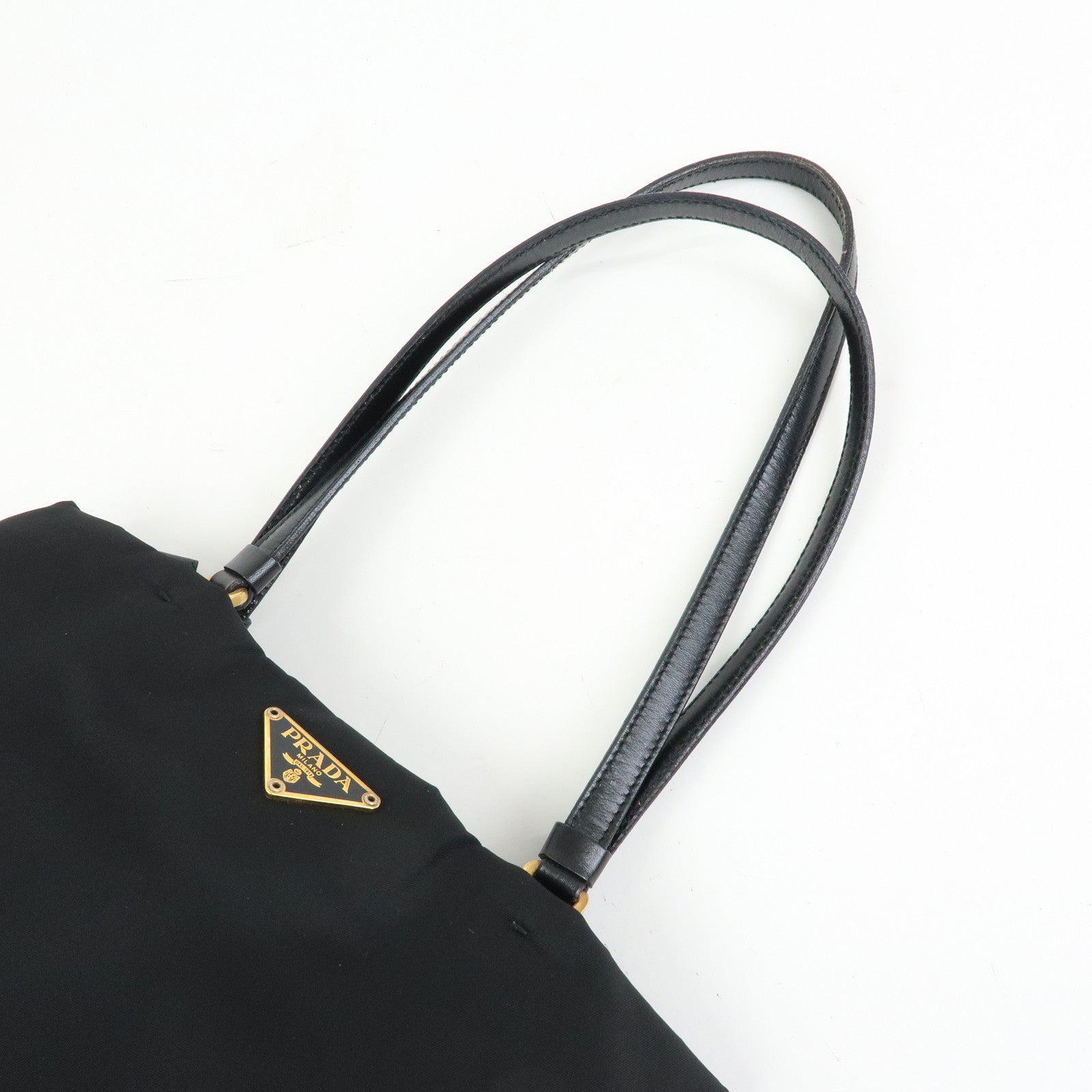 PRADA Triangle Logo Nylon Leather Tote Bag Hand Shoulder Bag Black