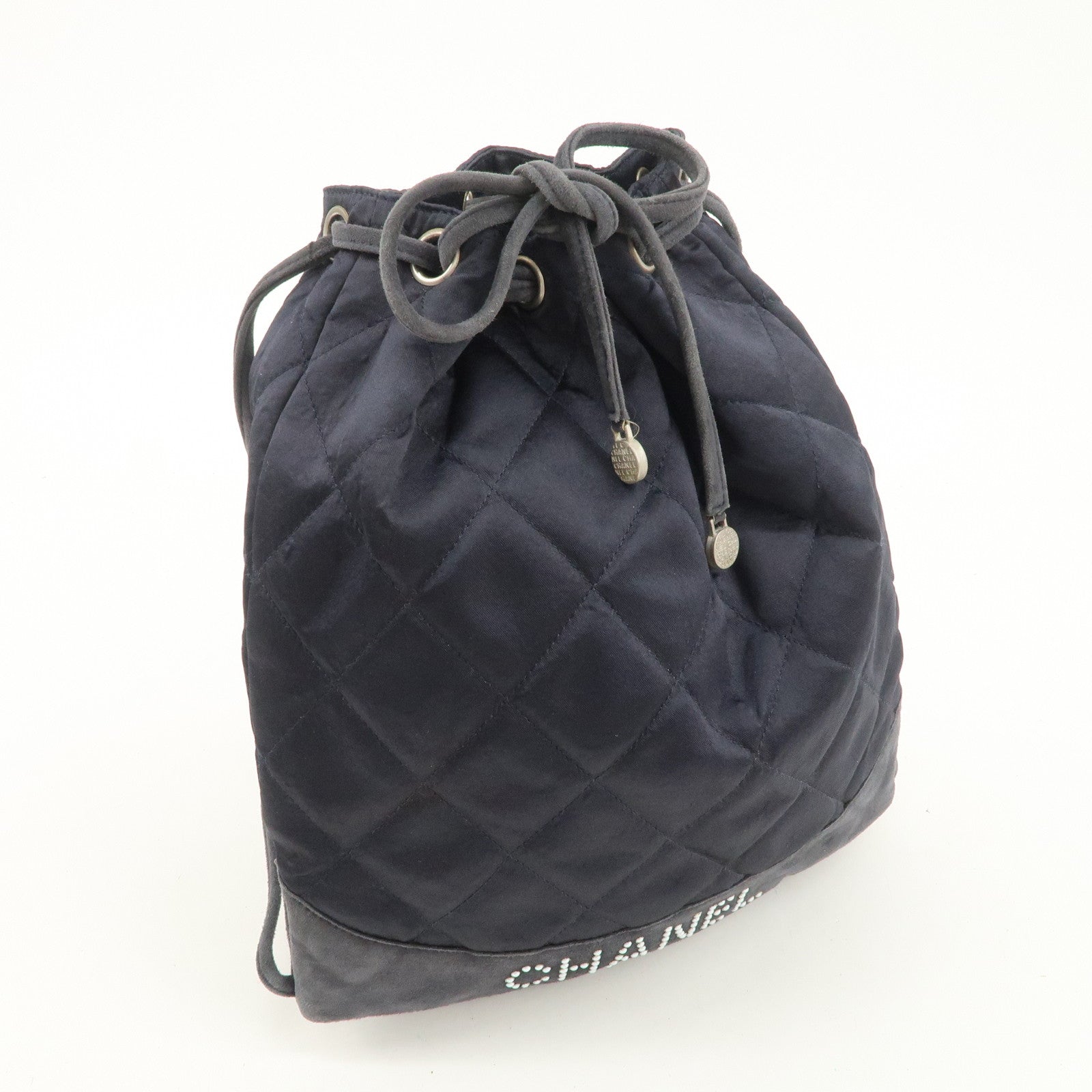 CHANEL Matelasse Satin Suede Drawstring Back Pack Black Used
