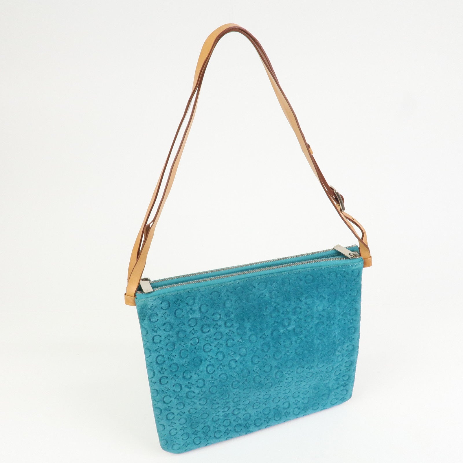 CELINE C Macadam Suede Leather Shoulder Bag Turquoise Blue