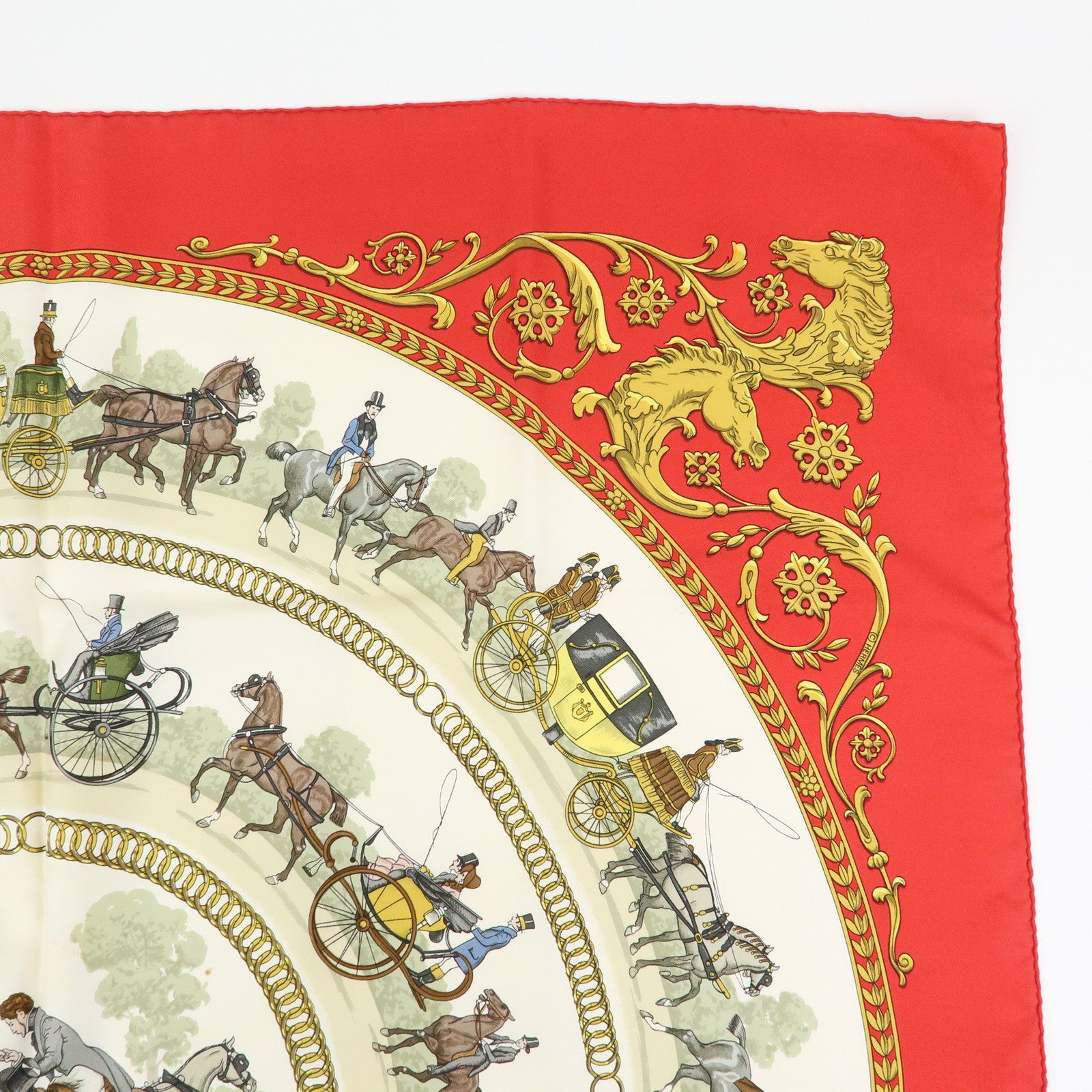 HERMES Carre 90 Set of 2 Silk 100% Scarf Gold Ivory Red