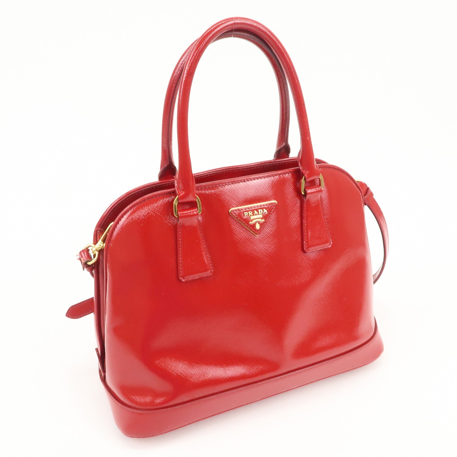 PRADA Triangle Logo Patent Leather 2WAY Bag Hand Bag Red BN2567