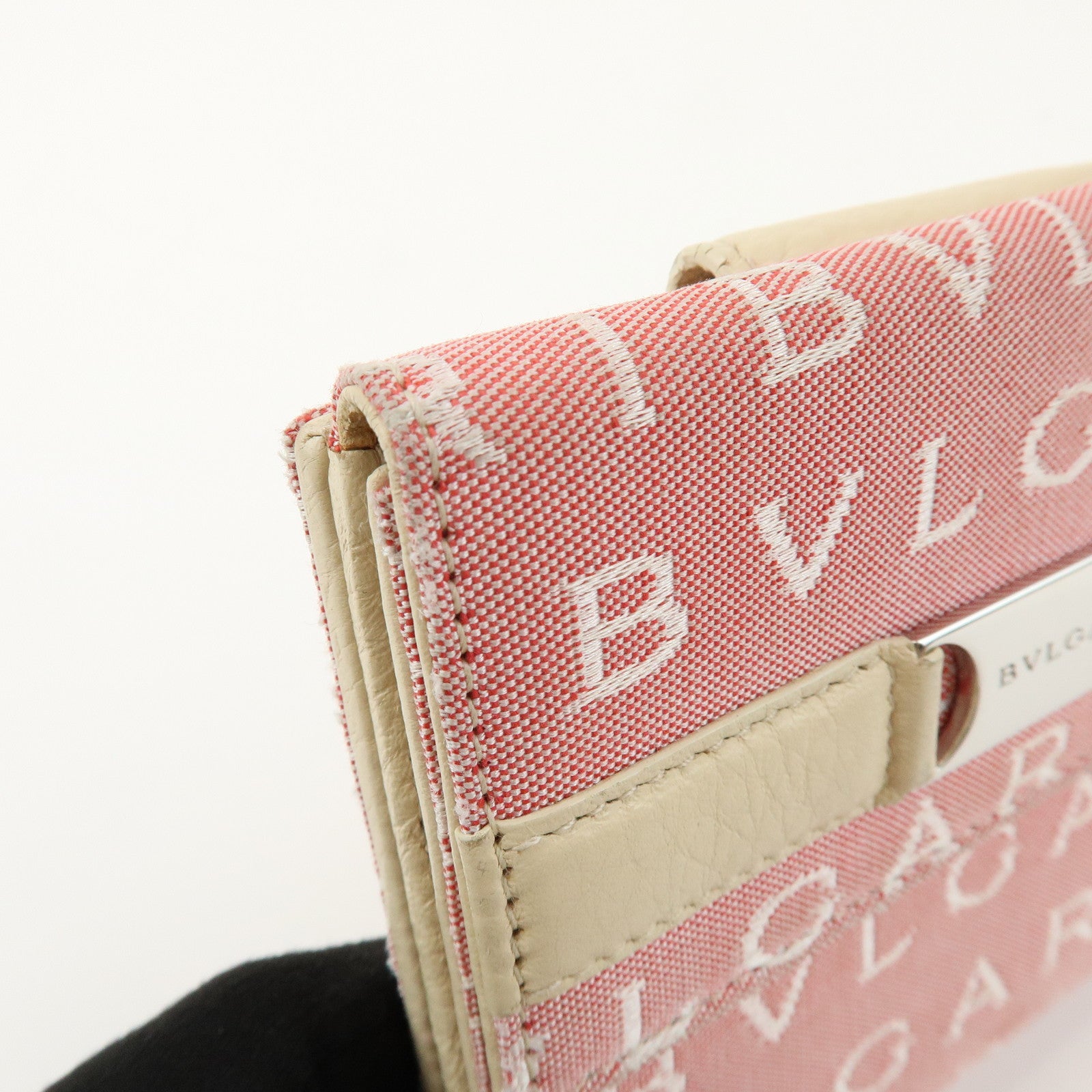 BVLGARI Logo Mania Canvas Leather Compact Wallet Pink Ivory