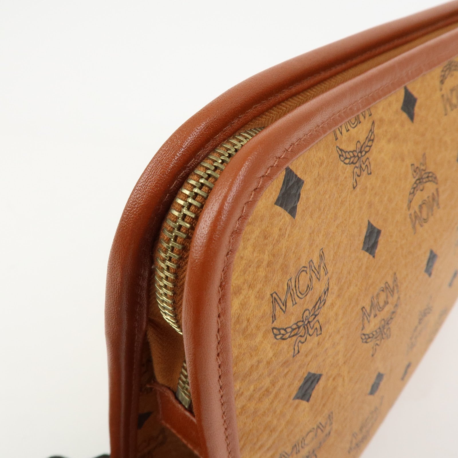 MCM Visetos Leather Clutch Bag Pouch Light Brown