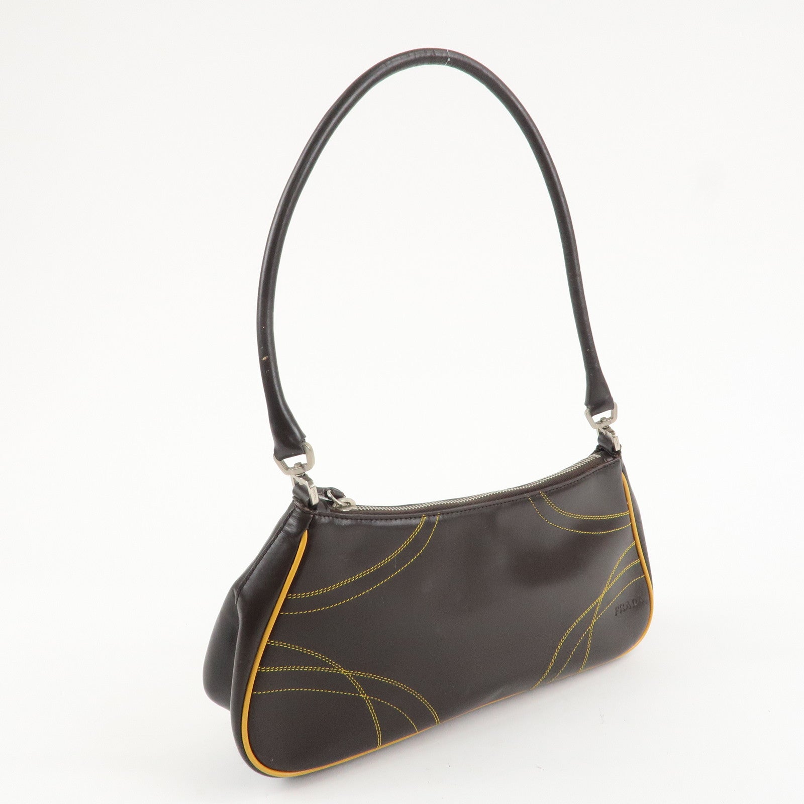 PRADA Logo Leather Shoulder Bag Hand Bag Brown Yellow B11055 Used