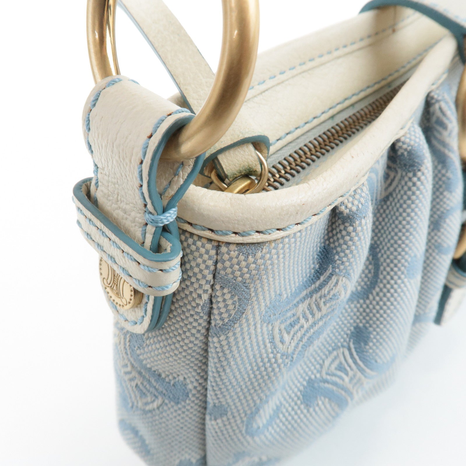 CELINE Canvas Leather Shoulder Bag Hand Bag Blue Ivory Used