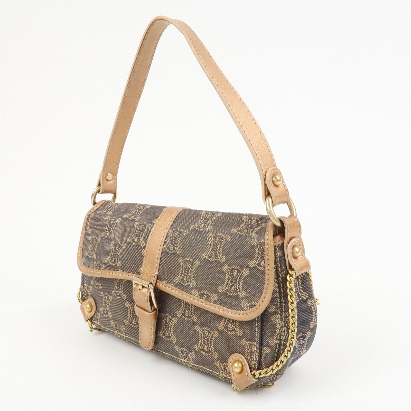 CELINE Macadam Denim Leather Shoulder Bag Hand Bag Light Brown