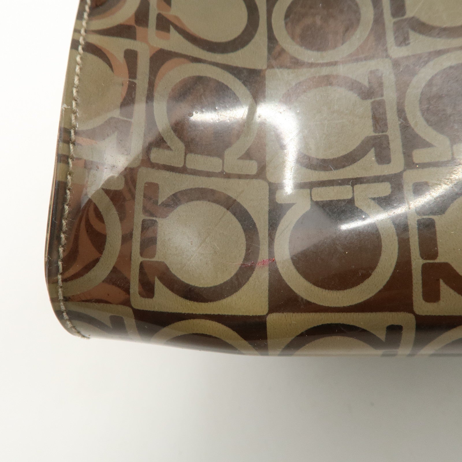 Ferragamo Gancini Vinyl Tote Bag Hand Bag Beige Khaki Silver HDW Used