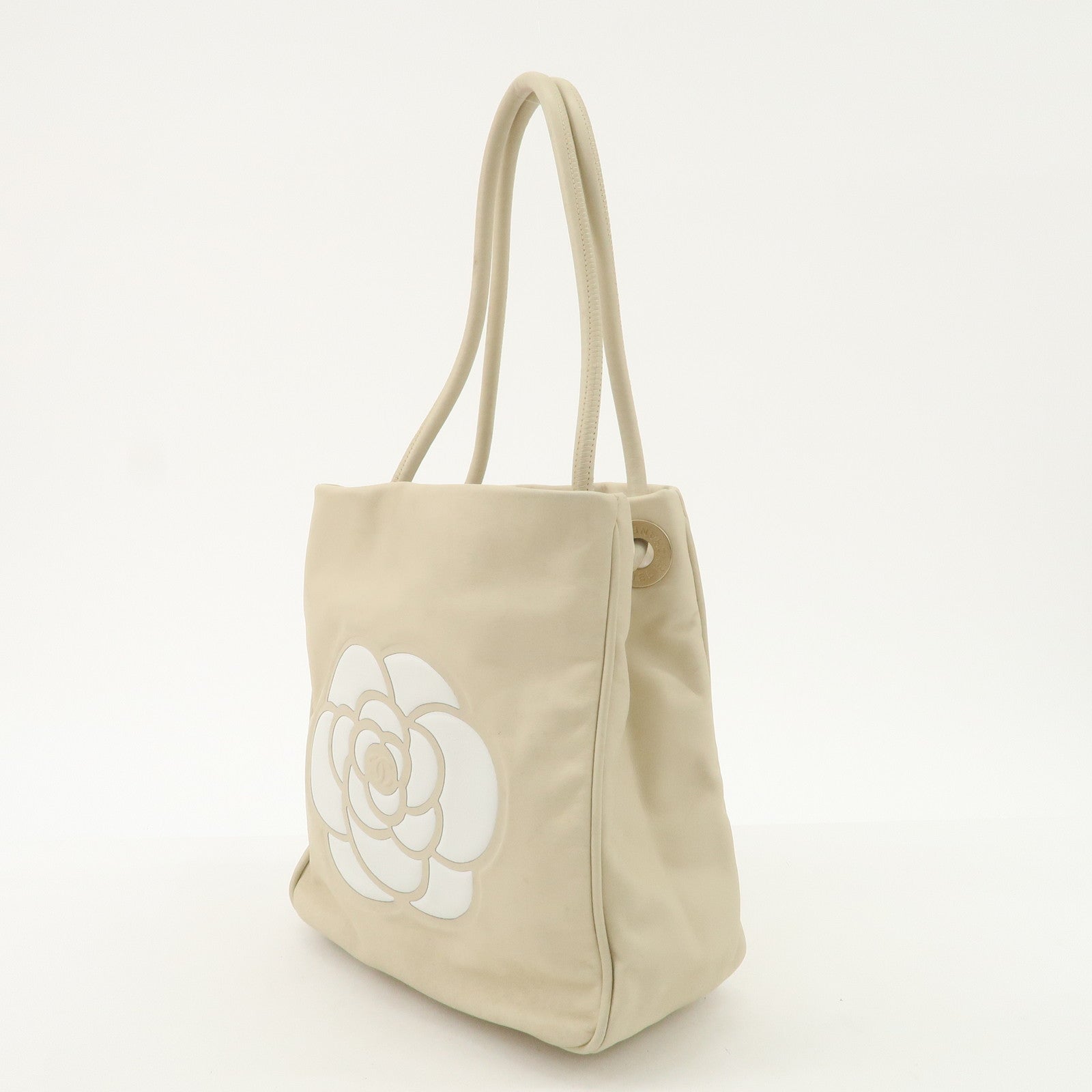 CHANEL Cameria Leather Tote Bag Shoulder Bag Beige White A20856 Used
