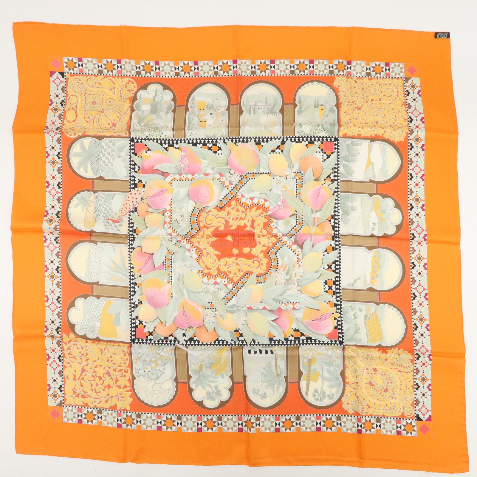 HERMES Carre 90 Silk 100% Les Jardins d’ Andalousie Scarf Oragne