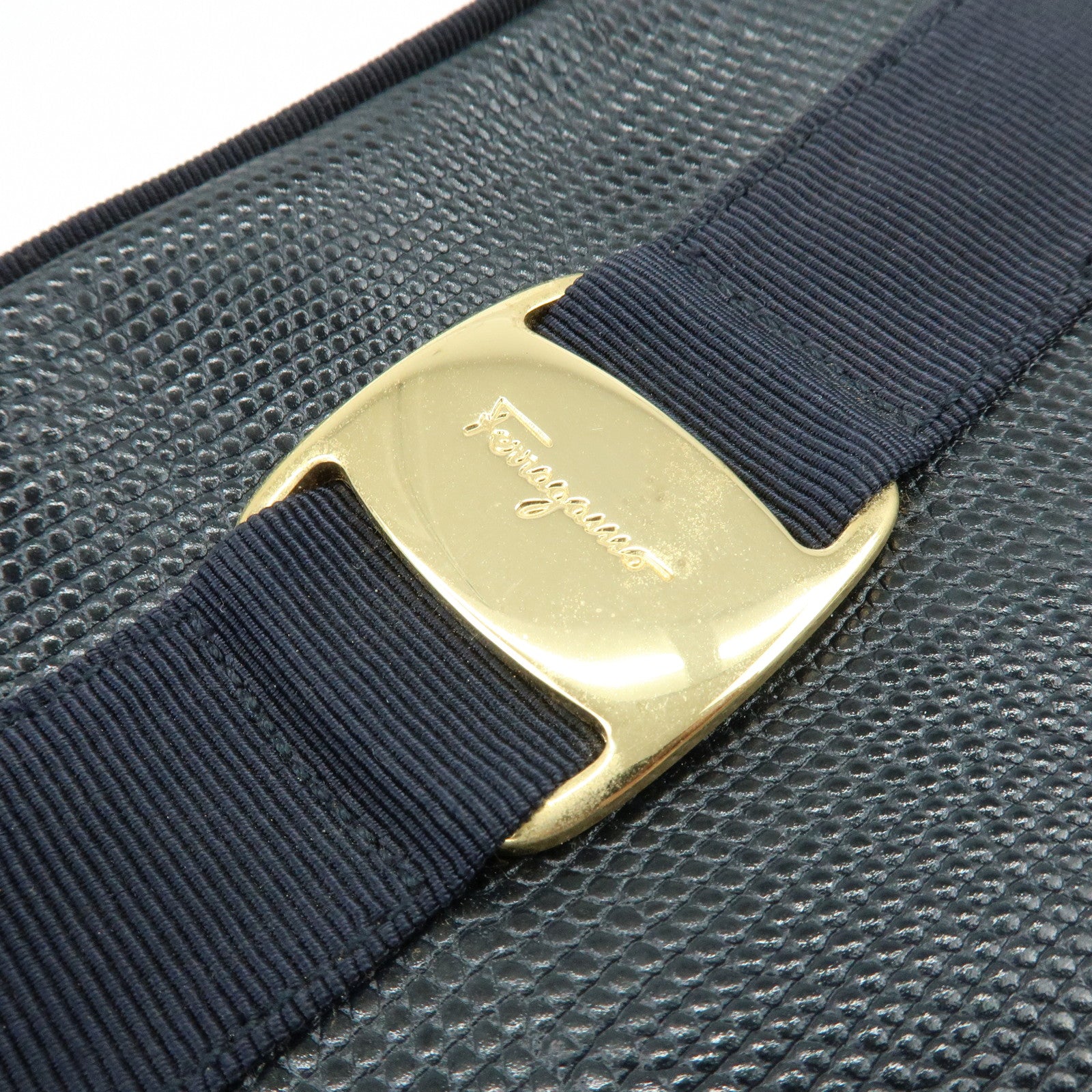 Ferragamo Vara Embossed Leather Shoulder Bag Crossbody Bag Navy