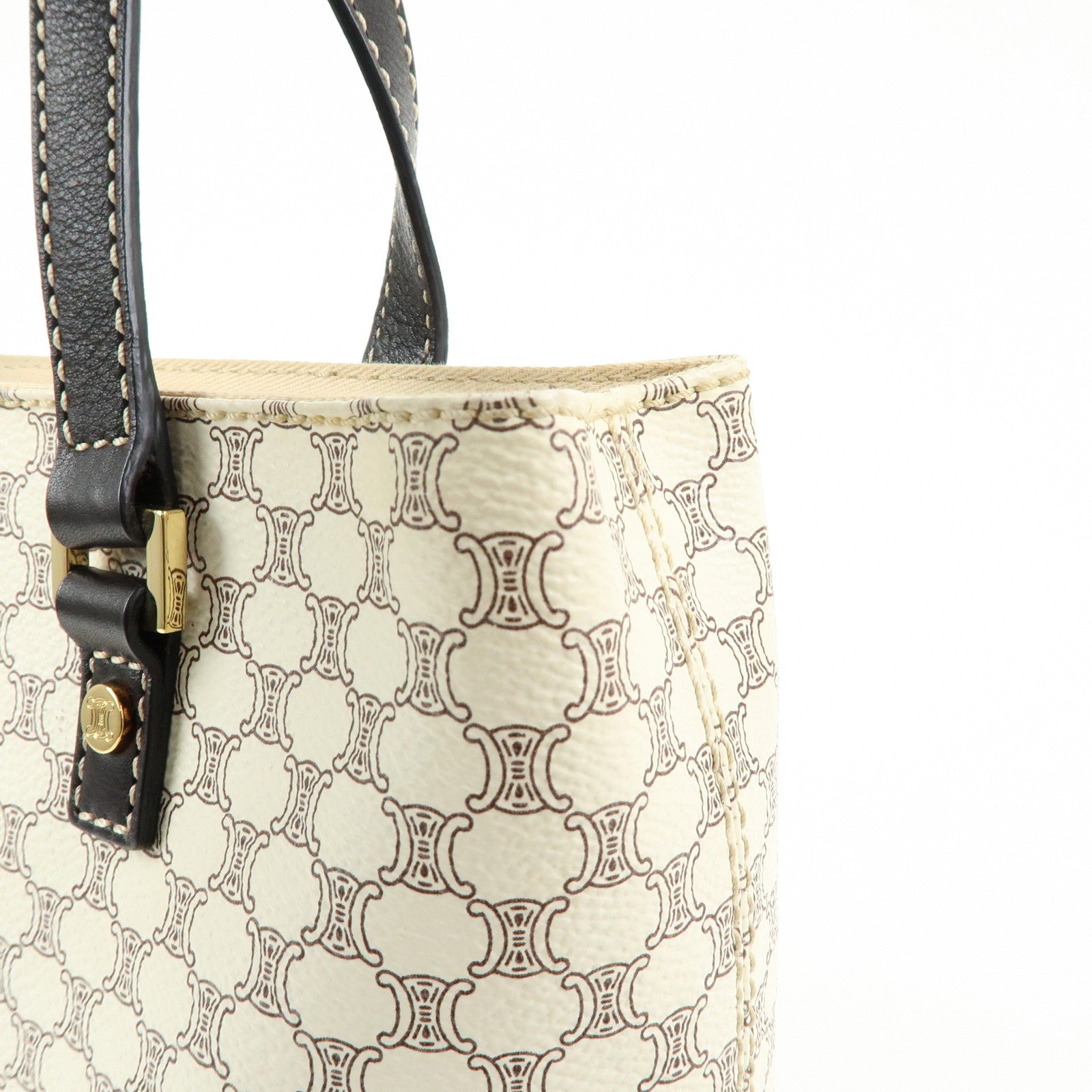 CELINE Macadam PVC Coated Canvas Leather Tote Bag White Dark Brown