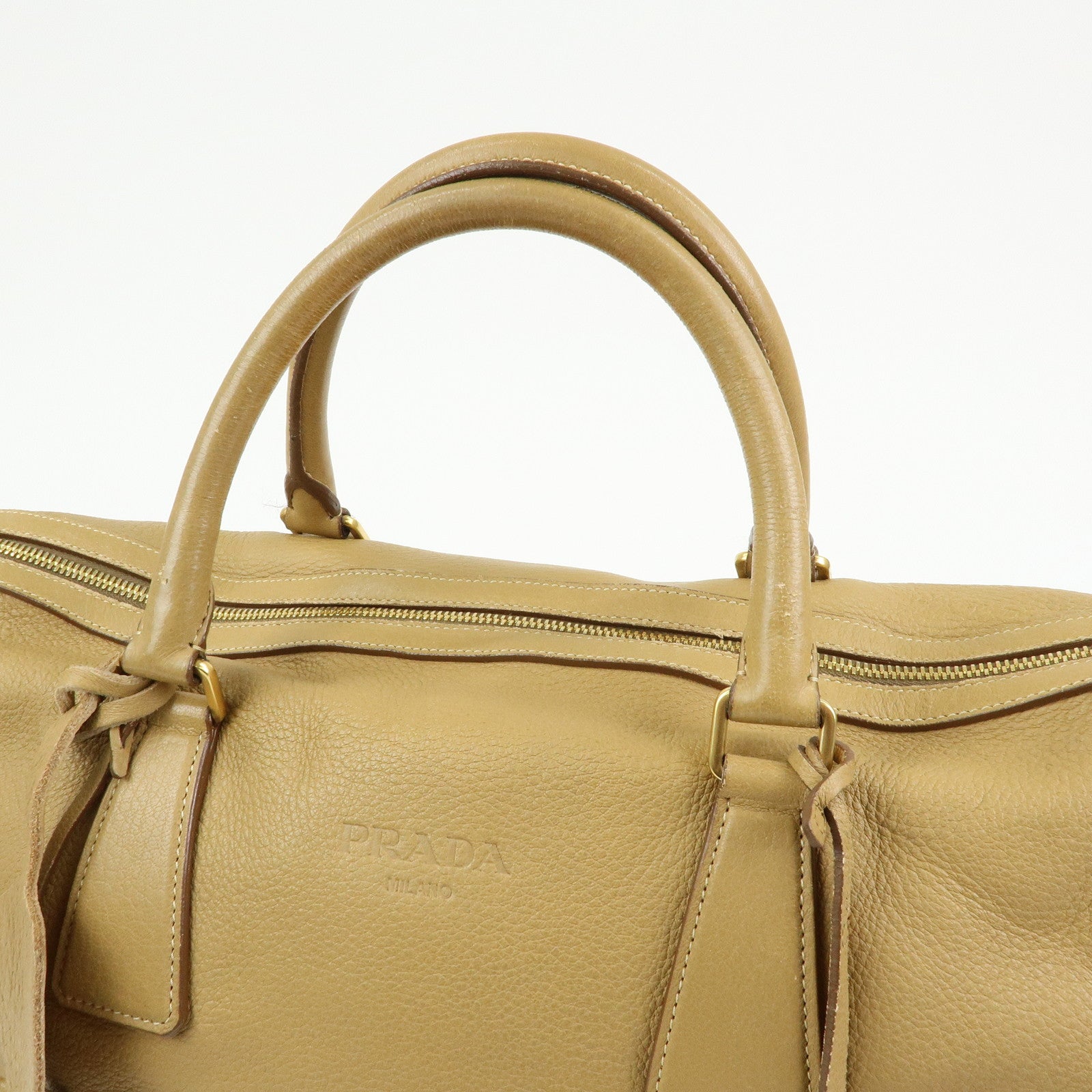 PRADA Logo Leather Boston Bag Hand Bag Travel Bag Brown