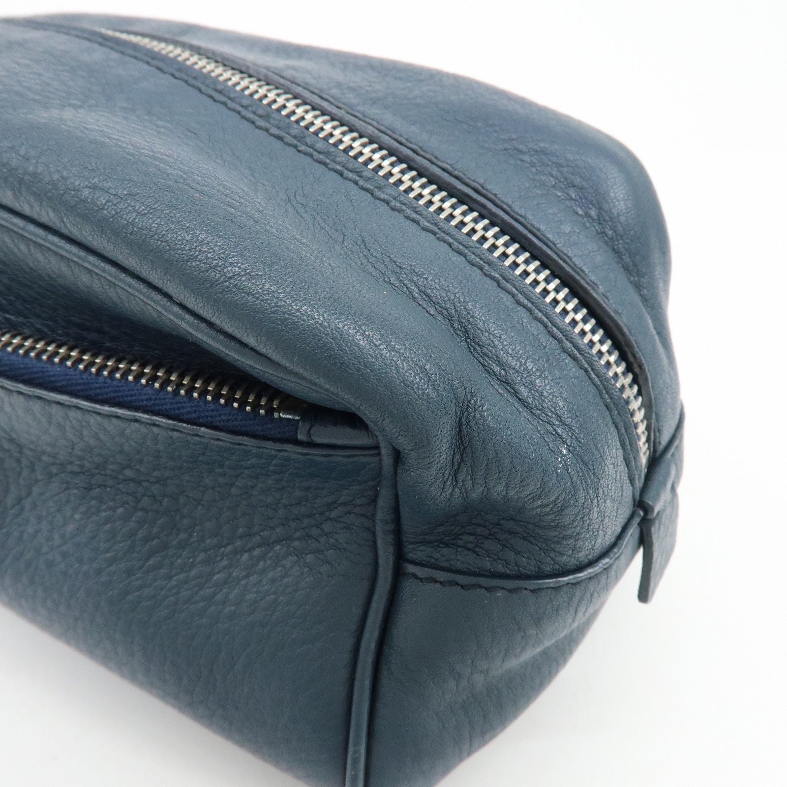 PRADA Triangle Logo Leather Cosmetic Pouch Accessory Pouch Navy