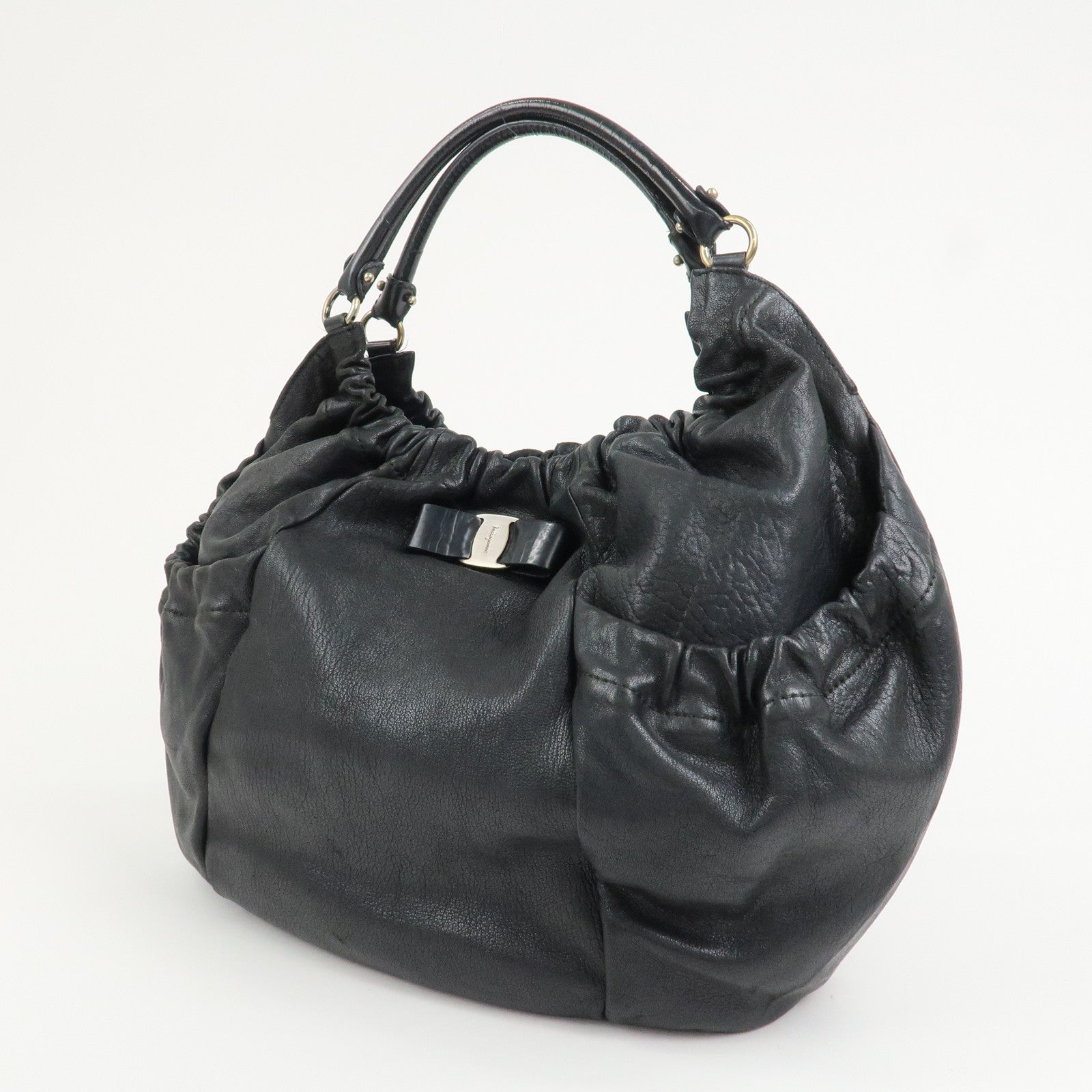 Ferragamo Leather Patent Leather Shoulder Bag Hand Bag Black
