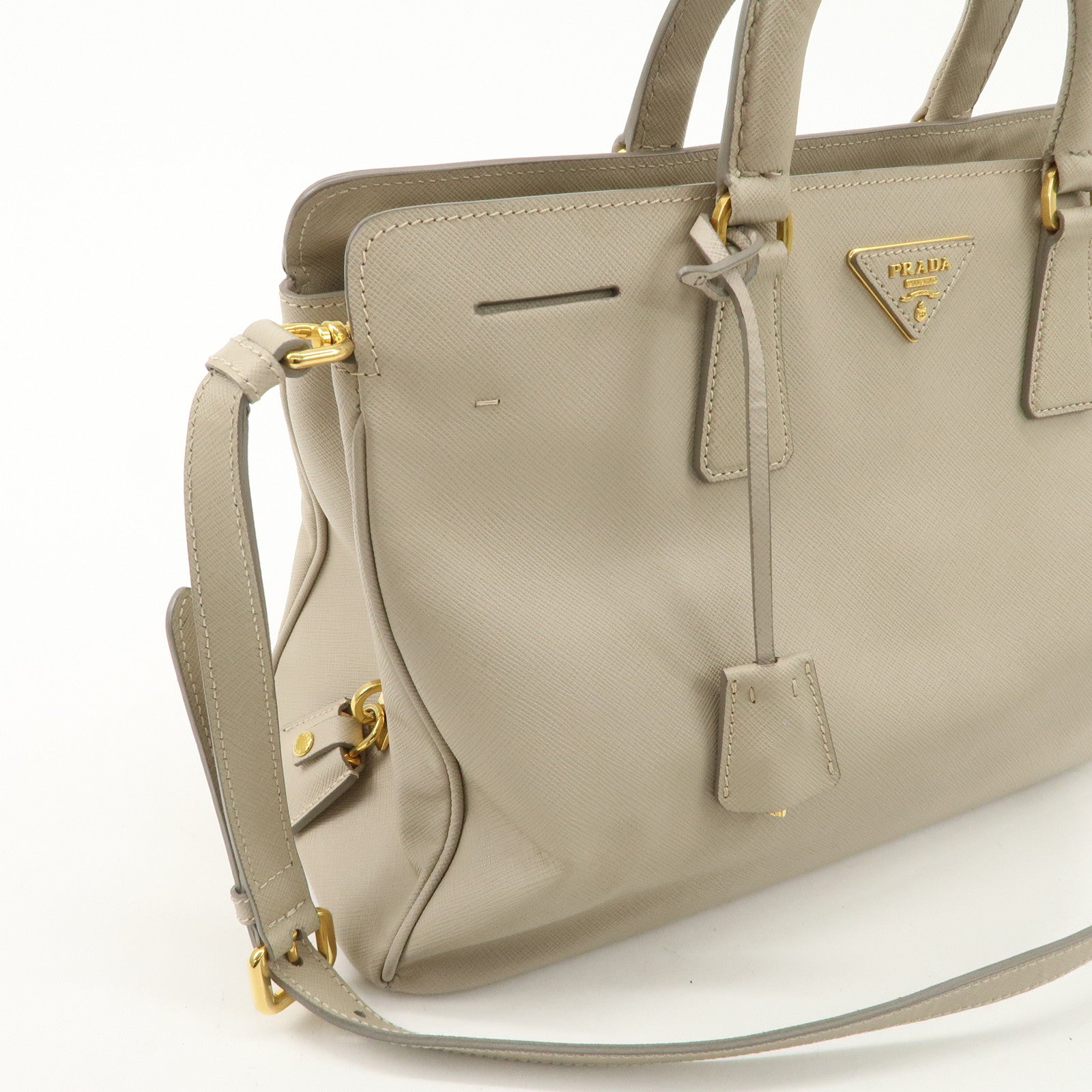 PRADA Triangle Logo Leather 2Way Bag Hand Bag Beige Gold Hardware Used