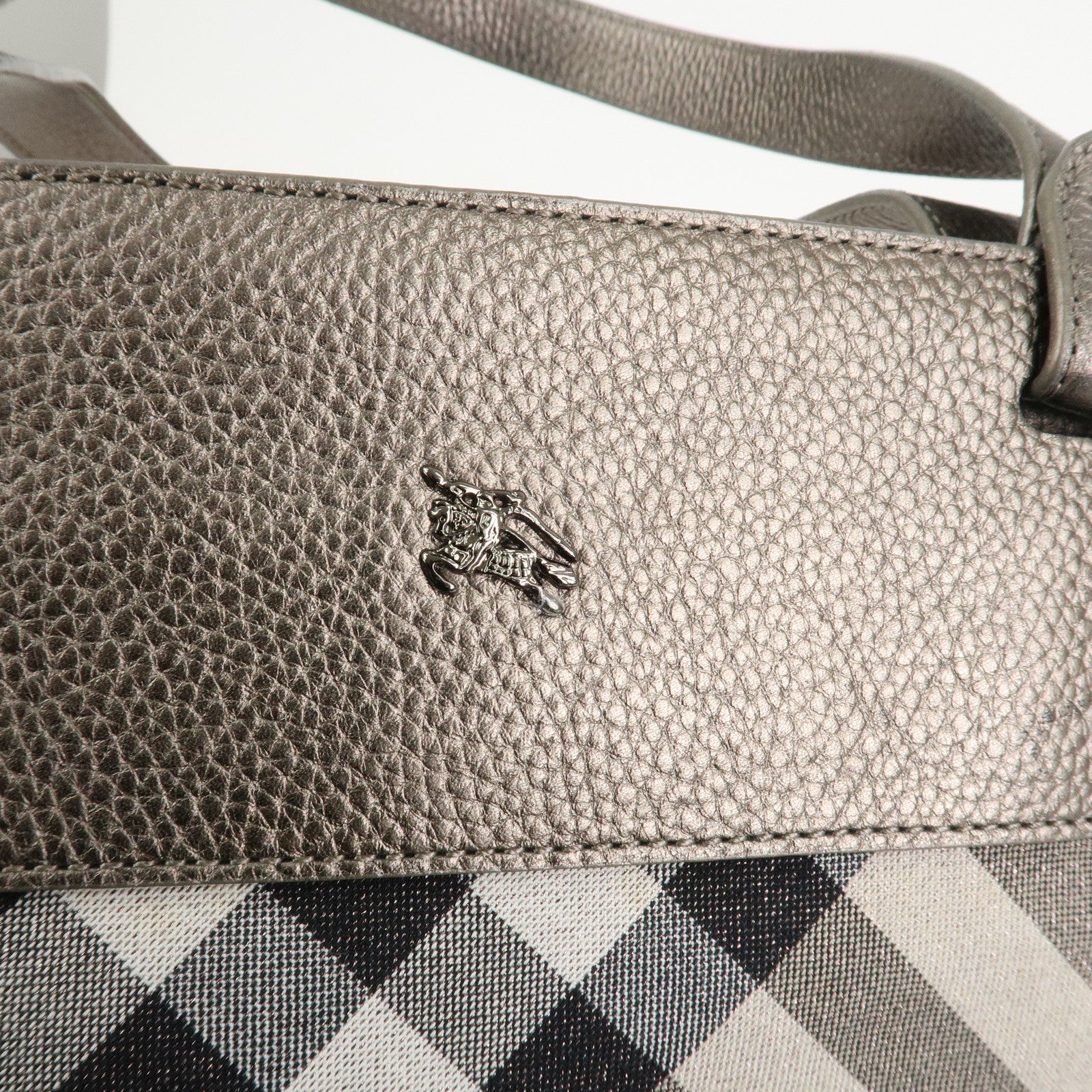 BURBERRY Logo Canvas Leather Tote Bag Shoulder Bag Gray Silver