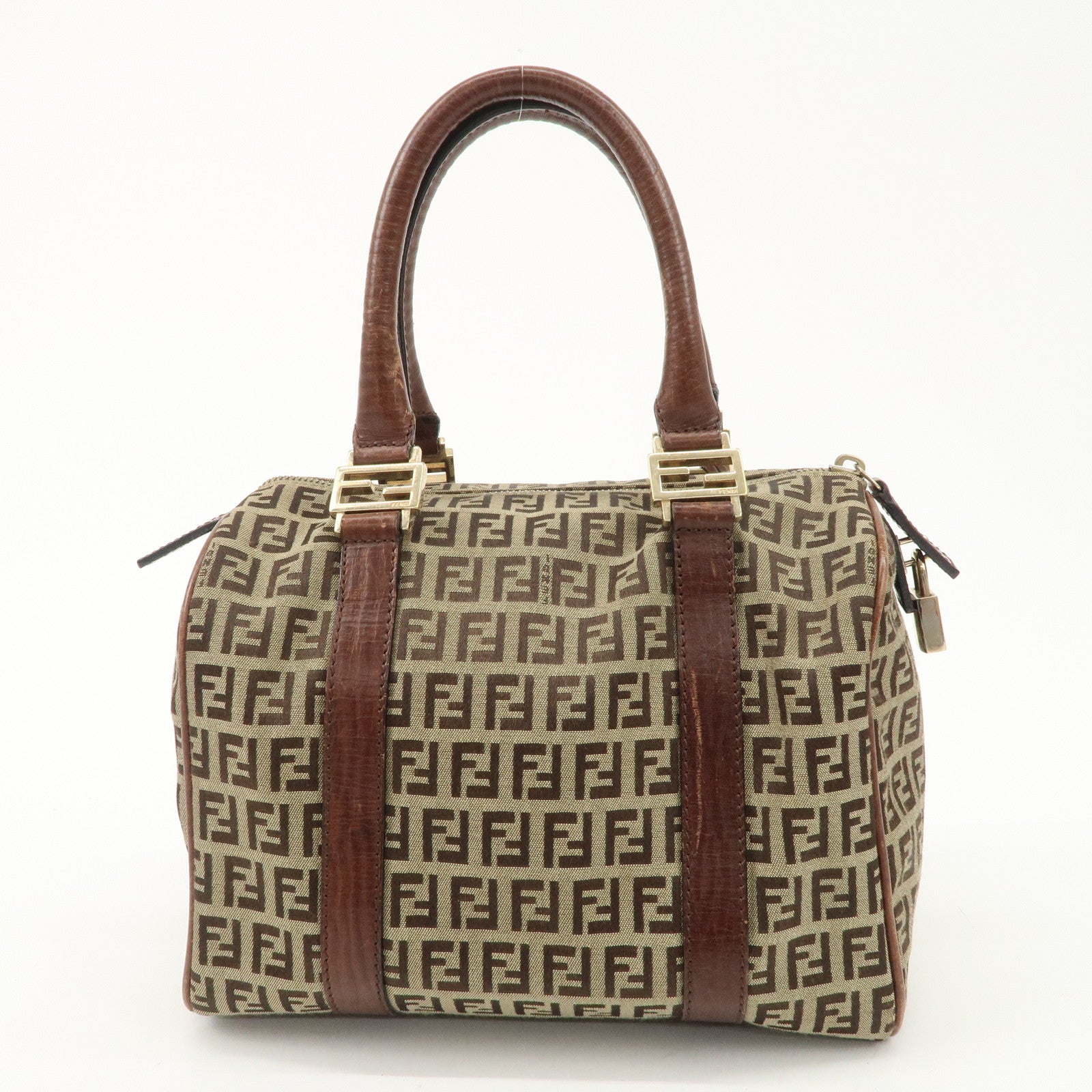 FENDI Zucchino Canvas Leather Boston Bag Brown Beige 8BL068 Used