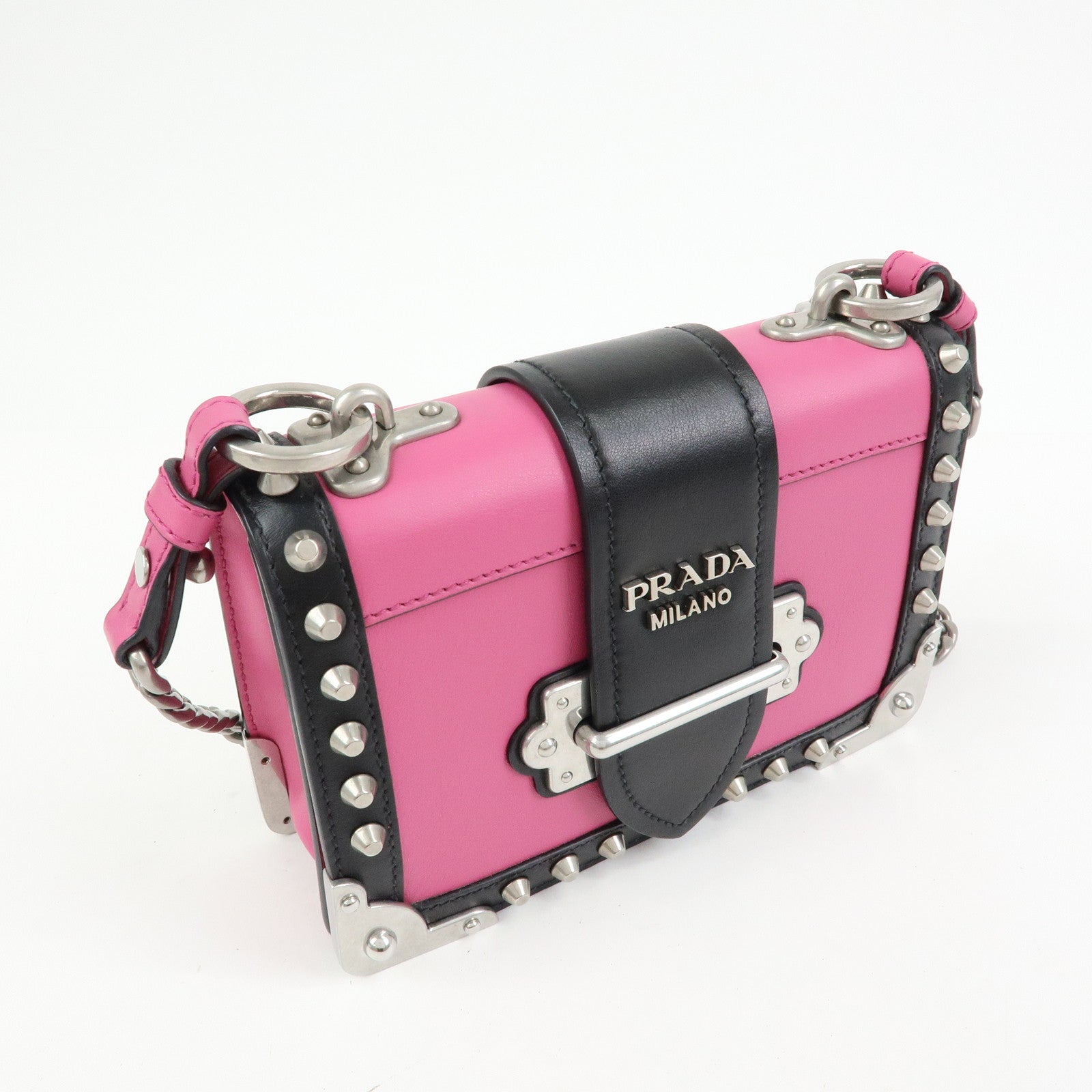 PRADA Cahier Calf Leather Studs Shoulder Bag Pink Black 1BH018