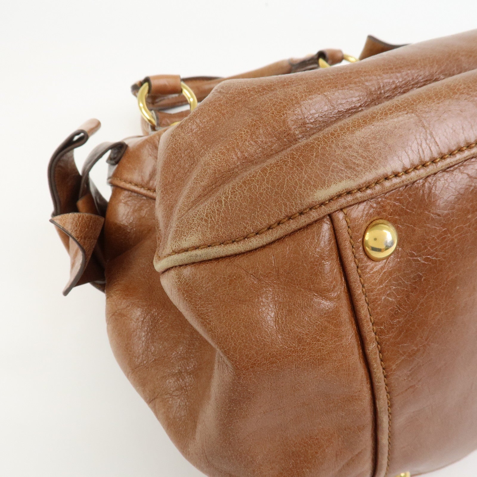 MIU MIU Side Ribbon Leather 2Way Shoulder Hand Bag Brown RN0686
