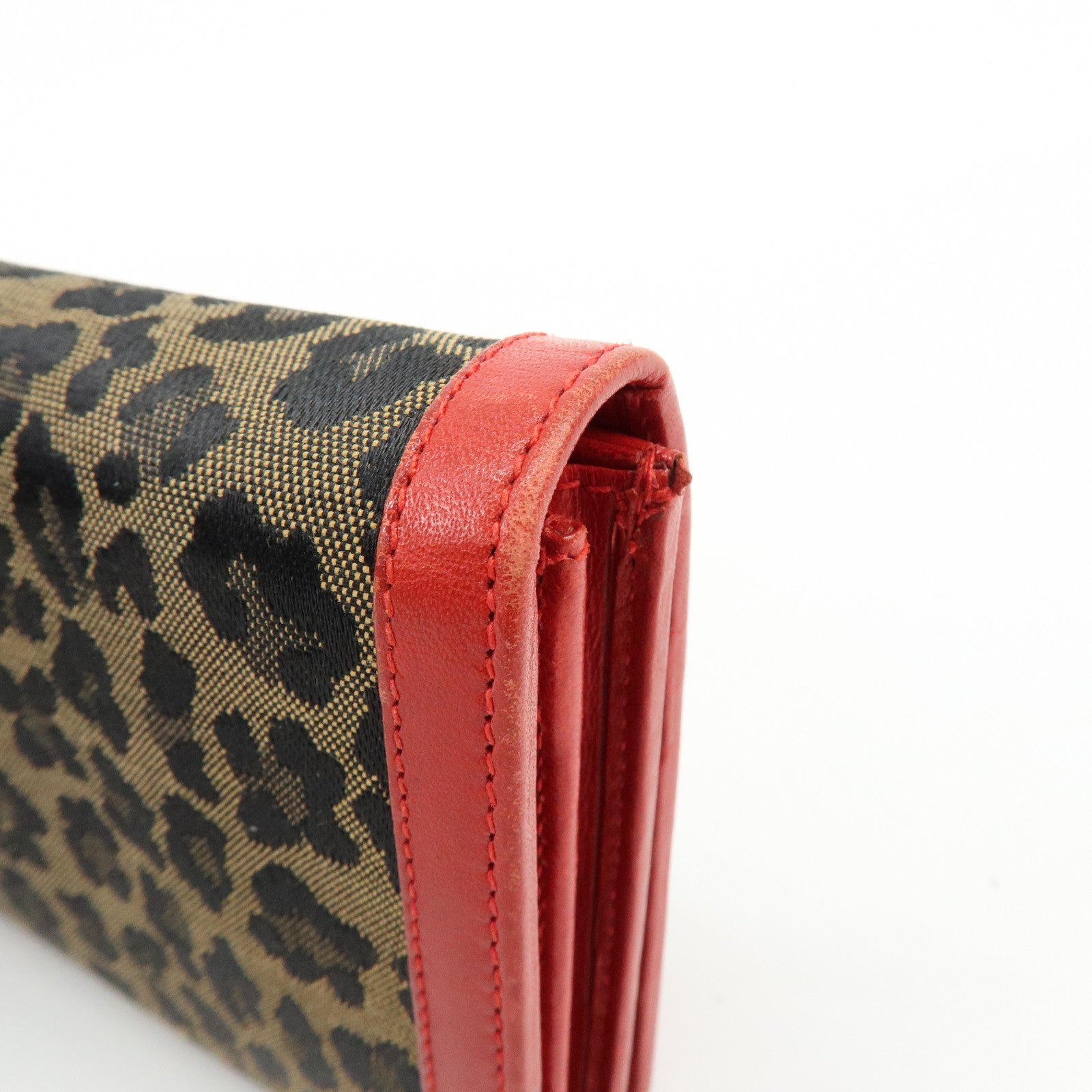 FENDI Zucca Canvas Leather Long Wallet Leopard Brown Red 30851