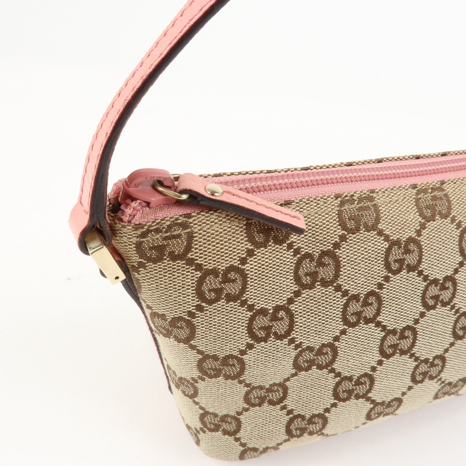 GUCCI Boat Bag GG Monogram Canvas Leather Hand Bag Beige Pink 07198