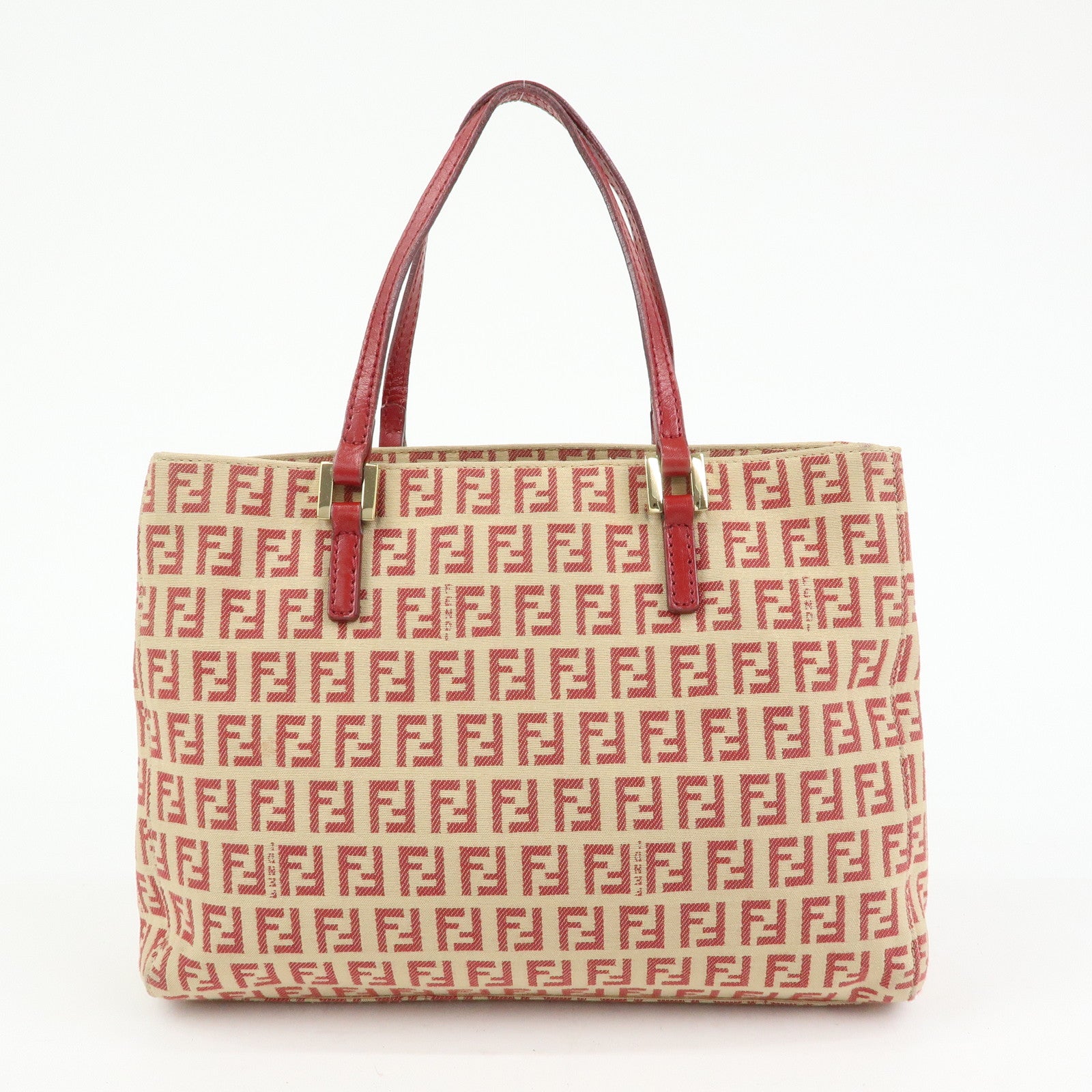 FENDI Zucchino Canvas Leather Hand Bag Tote Bag Beige Red 8BH132