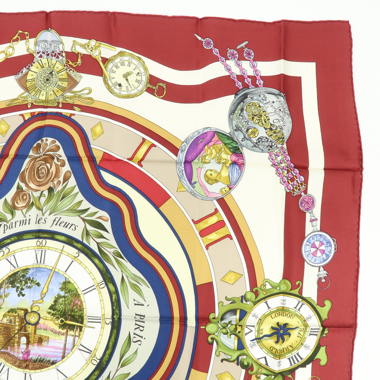 HERMES Carre 90 Silk 100% Scarf la ronde des heures Bordeaux White