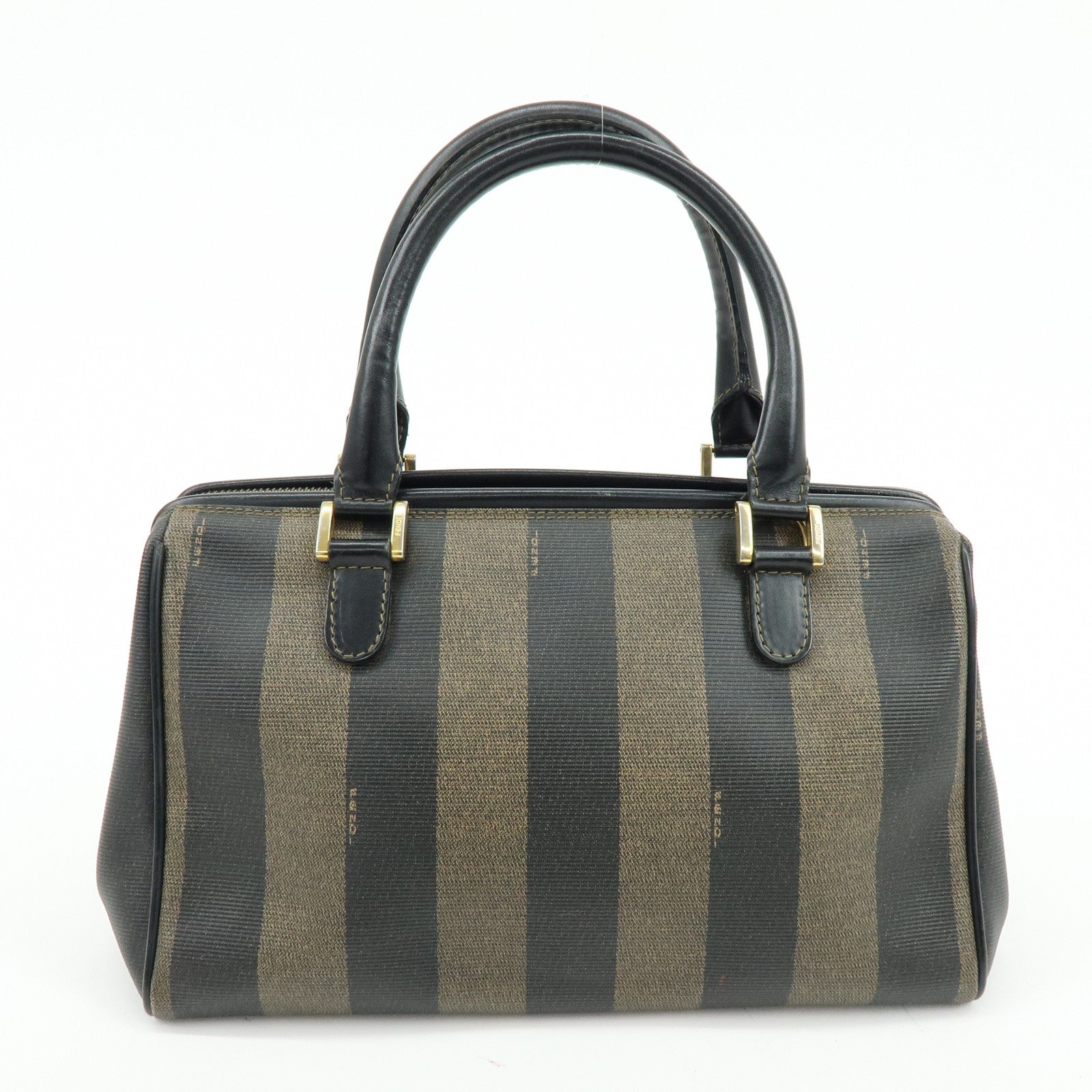 FENDI Pequin PVC Leather Boston Bag Hand Bag Black Brown