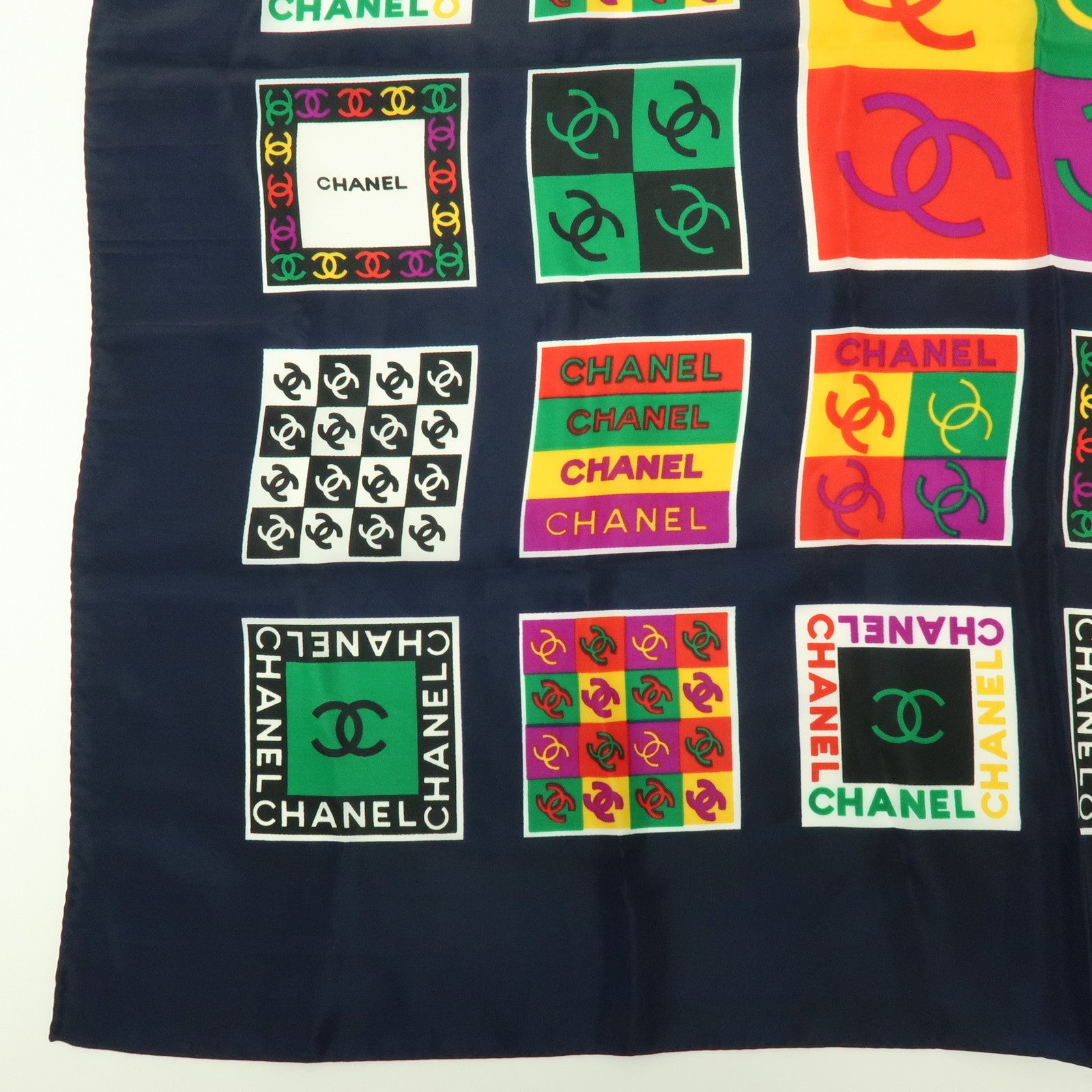 CHANEL COCO Mark Silk 100% Scarf Logo Print Black Multicolor