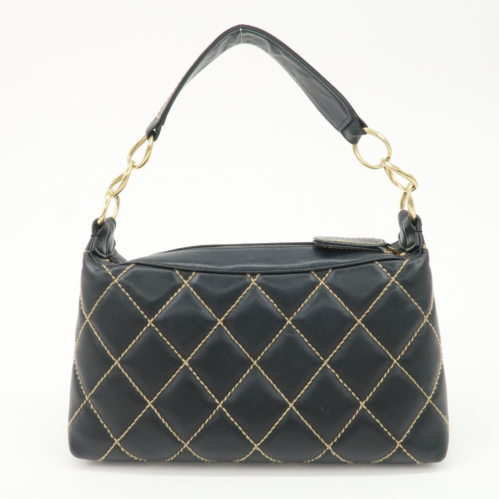 CHANEL COCO Mark Wild Stich Lamb Skin Chain Shoulder Bag Black Used