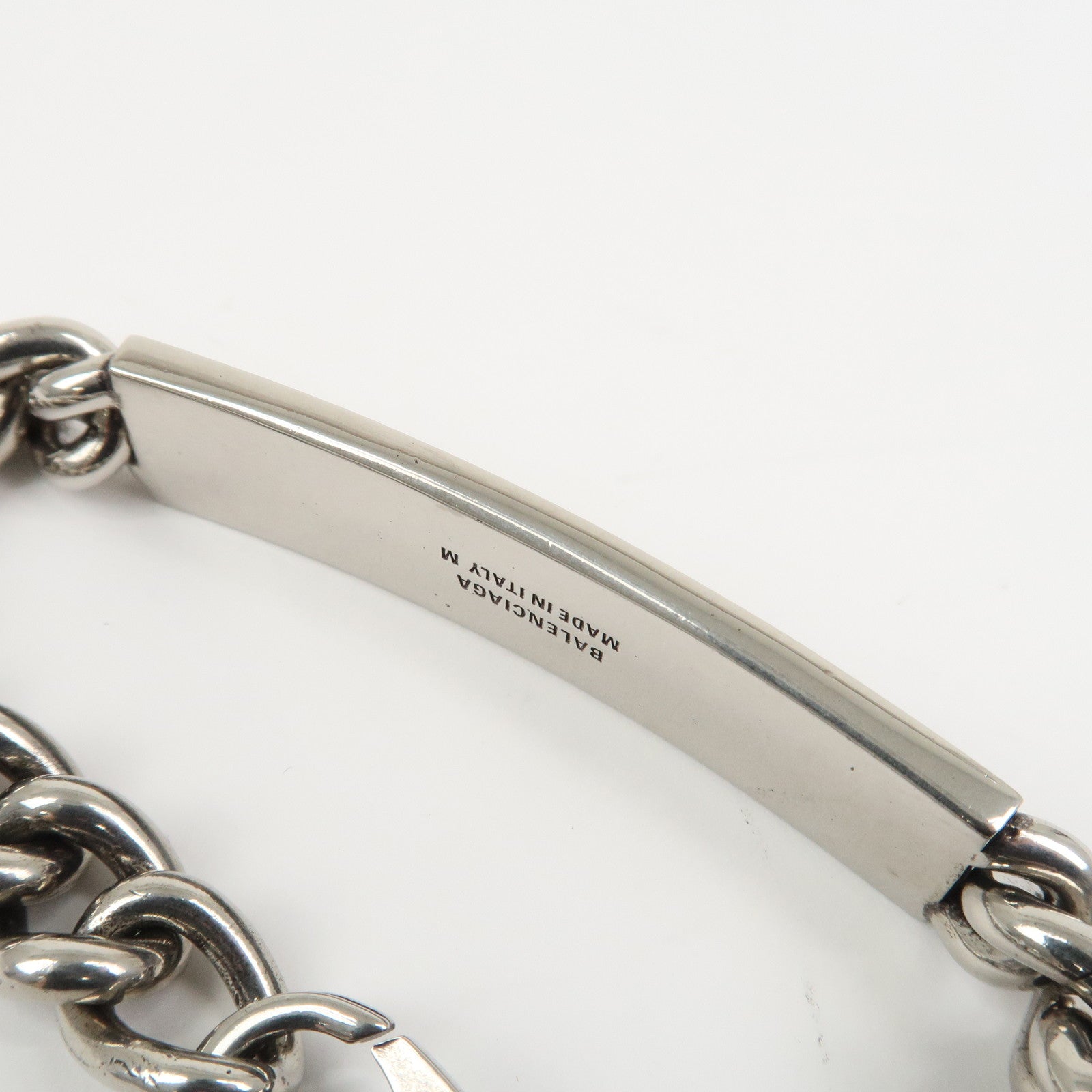 BALENCIAGA Logo Plate Metal Chain Bracelet Silver