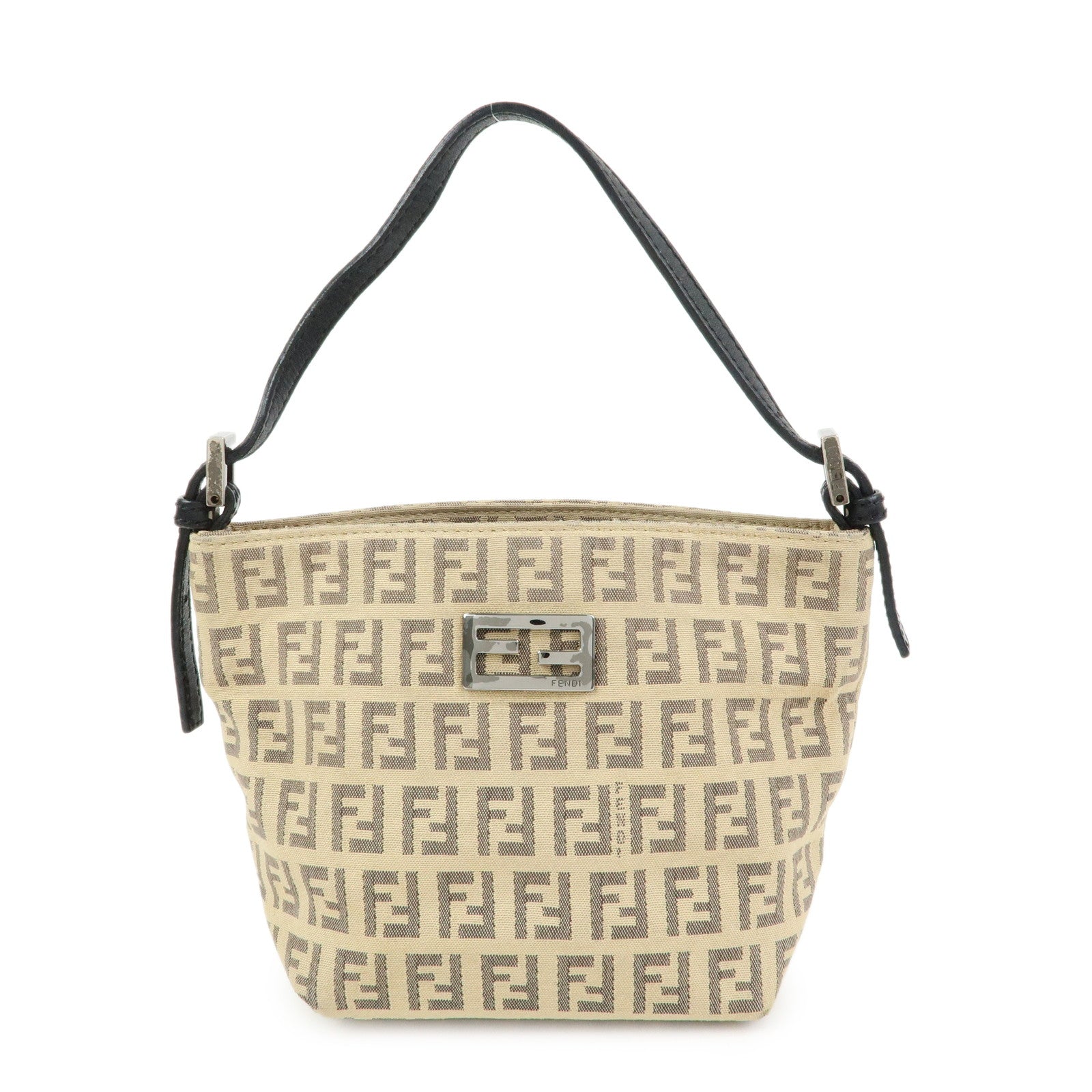 FENDI Zucchino Canvas Leather Mini Hand Bag Beige Black 8BK031