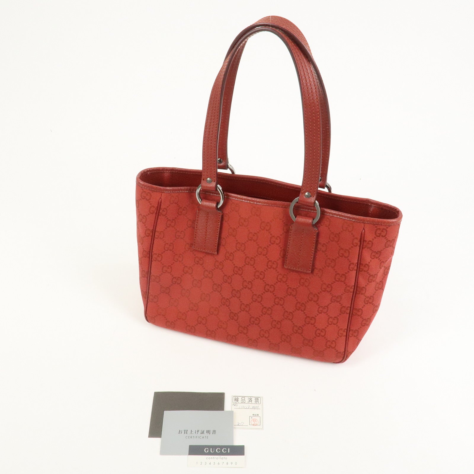 GUCCI GG Canvas Leather Tote Bag Hand Bag Red 113019