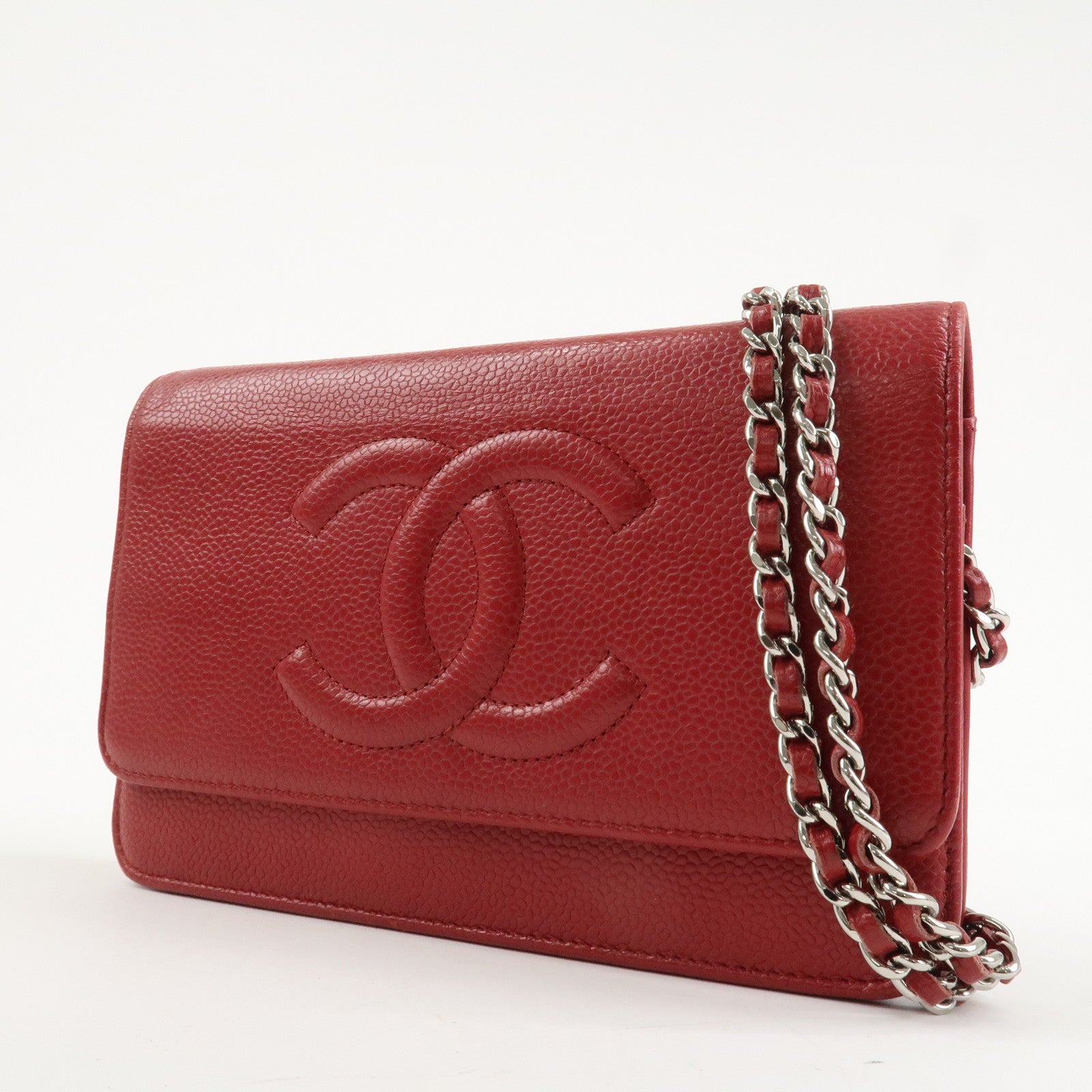 CHANEL COCO Mark Caviarskin Chain Shoulder Bag Wallet Red A48654