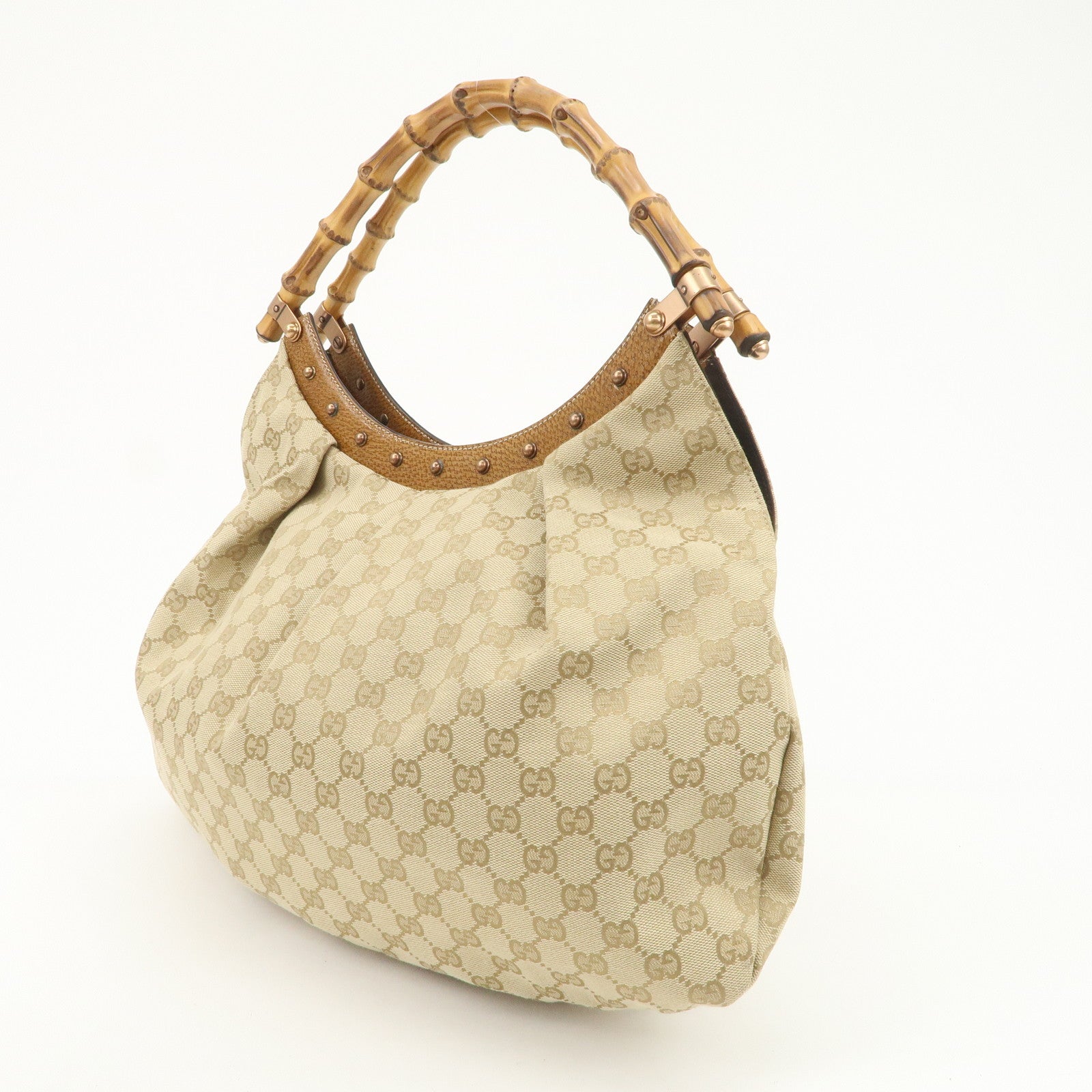 GUCCI Bamboo GG Canvas Shoulder Bag Hand Bag Beige 124293