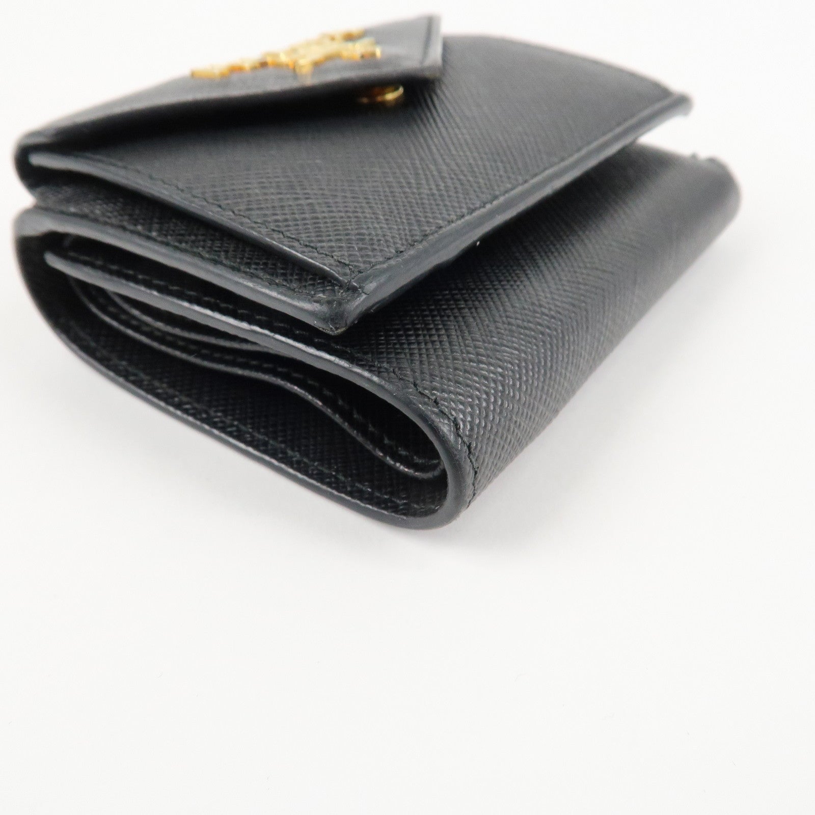 PRADA Saffiano Leather Tri-fold Wallet Black Gold Hardware 1MH021 Used