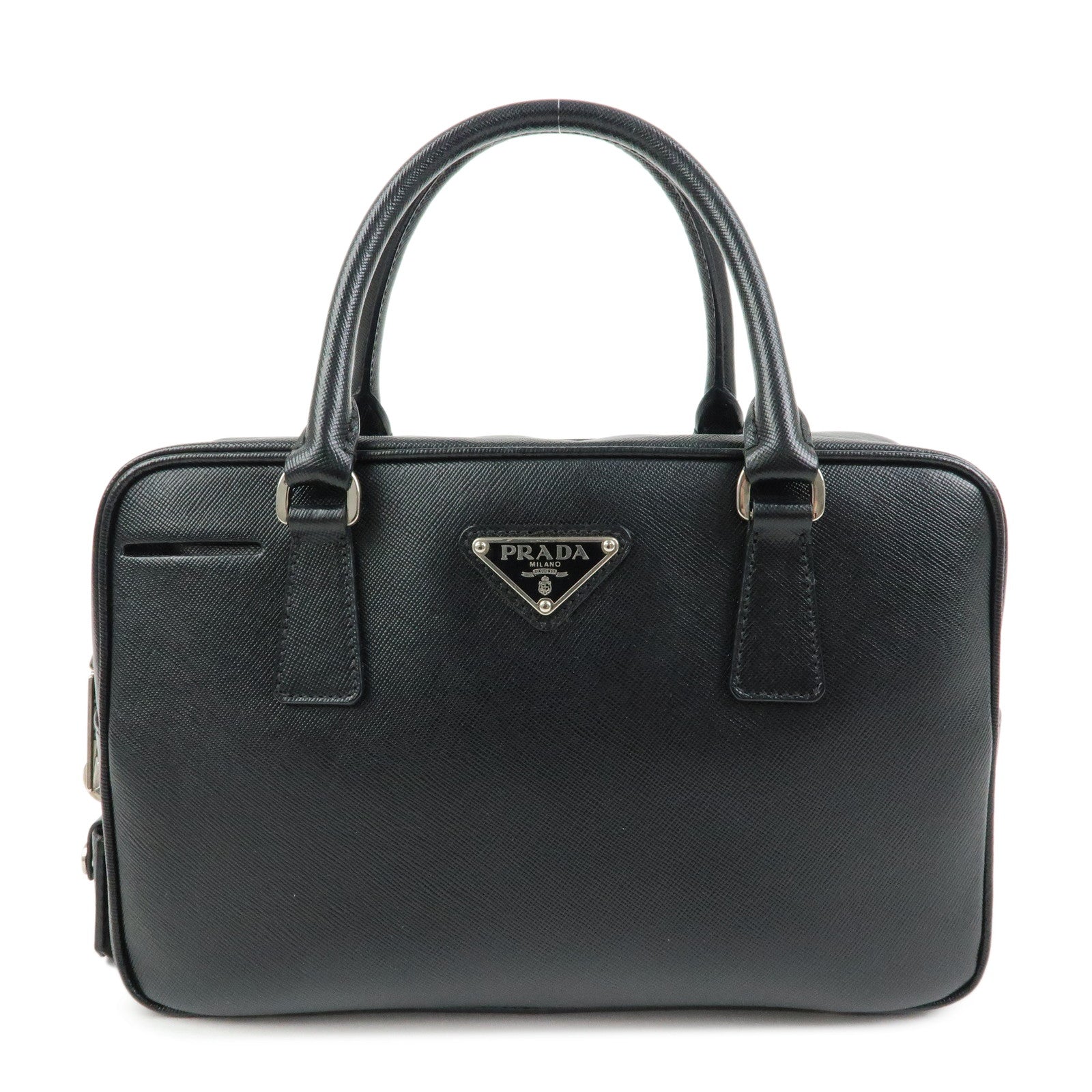 PRADA Triangle Logo Saffiano Leather Hand Bag Boston Bag Black