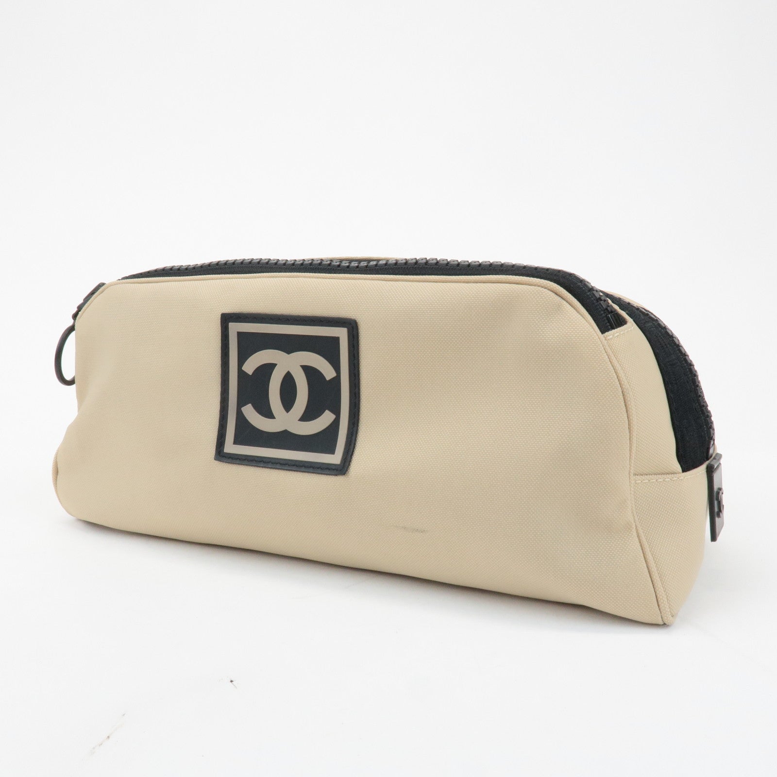 CHANEL Sports Line Nylon Leather Pouch Beige Black